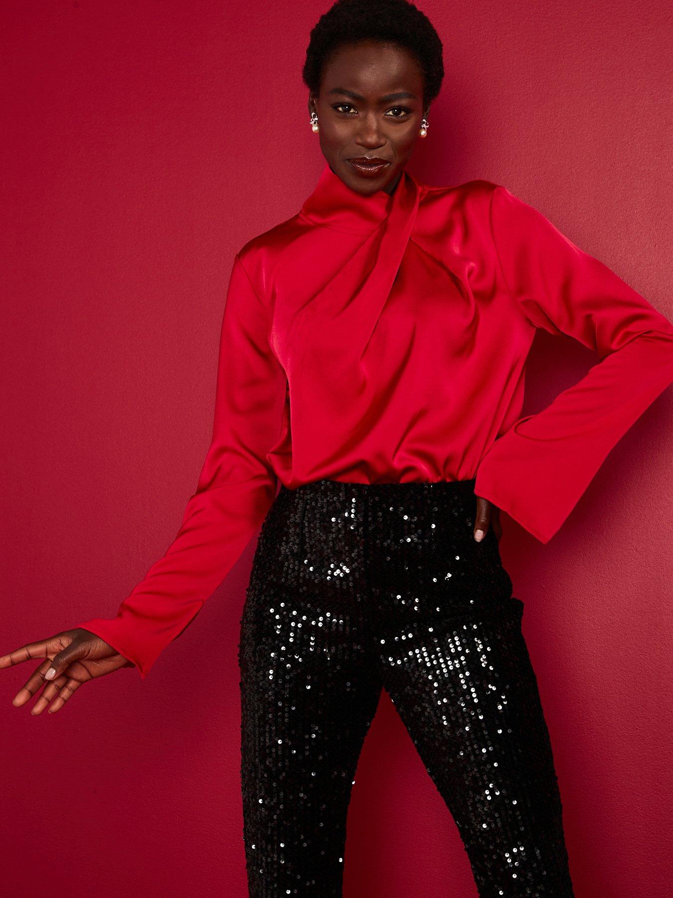 undefined Draped Satin Shell Blouse - Red