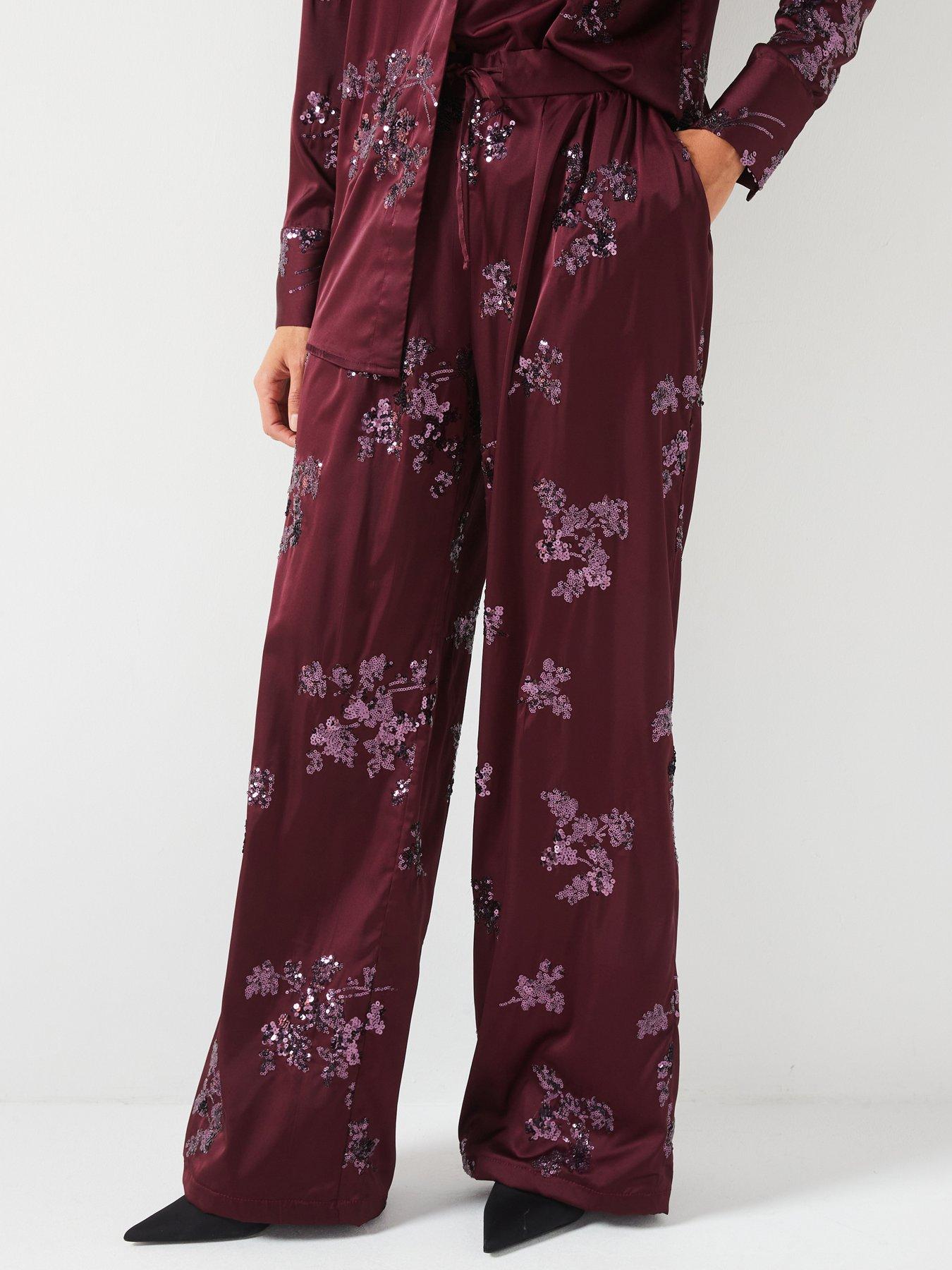 Image 1 of 6 of V by Very Sequin Satin Trouser Co-Ord - Burgundy