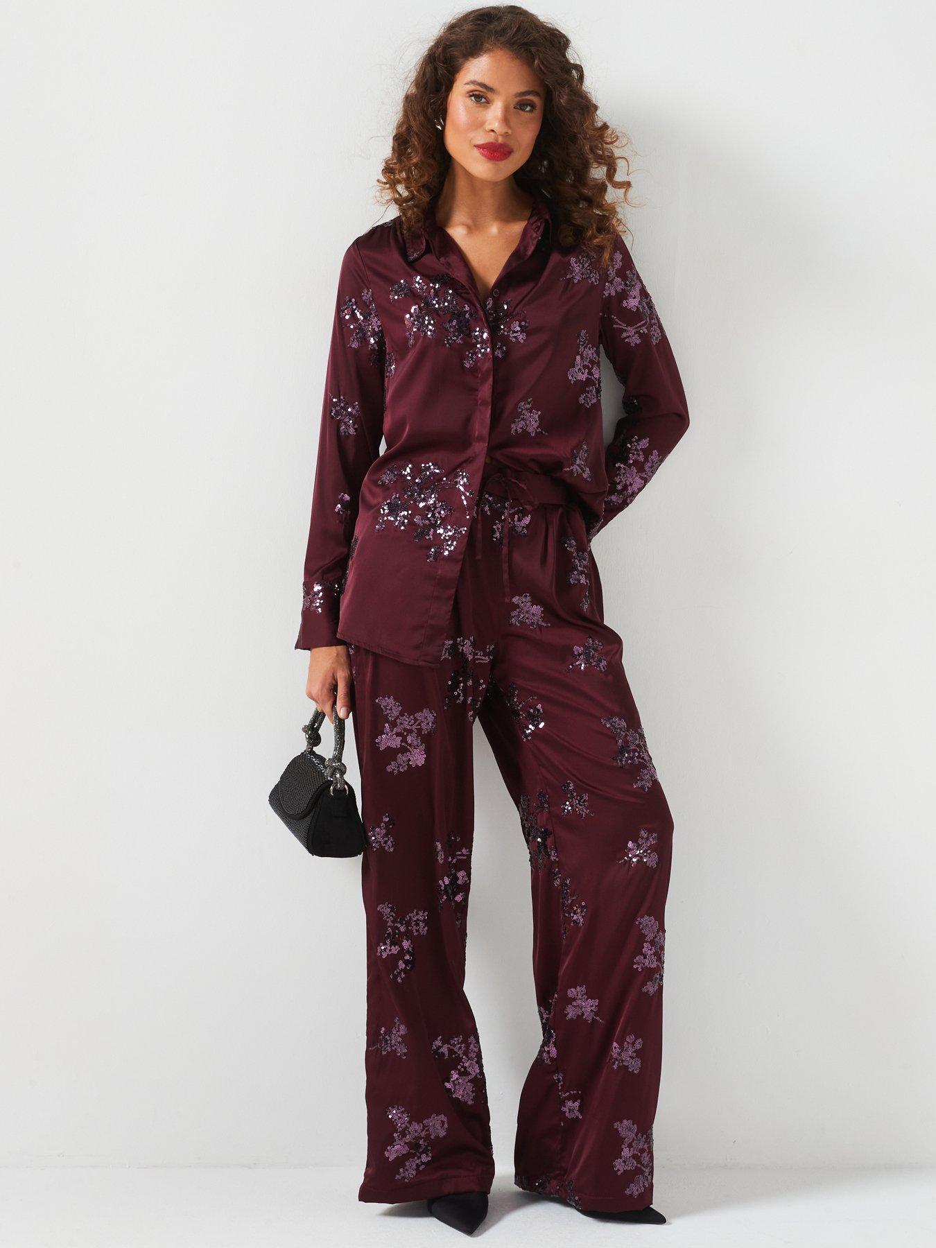 Image 3 of 6 of V by Very Sequin Satin Trouser Co-Ord - Burgundy