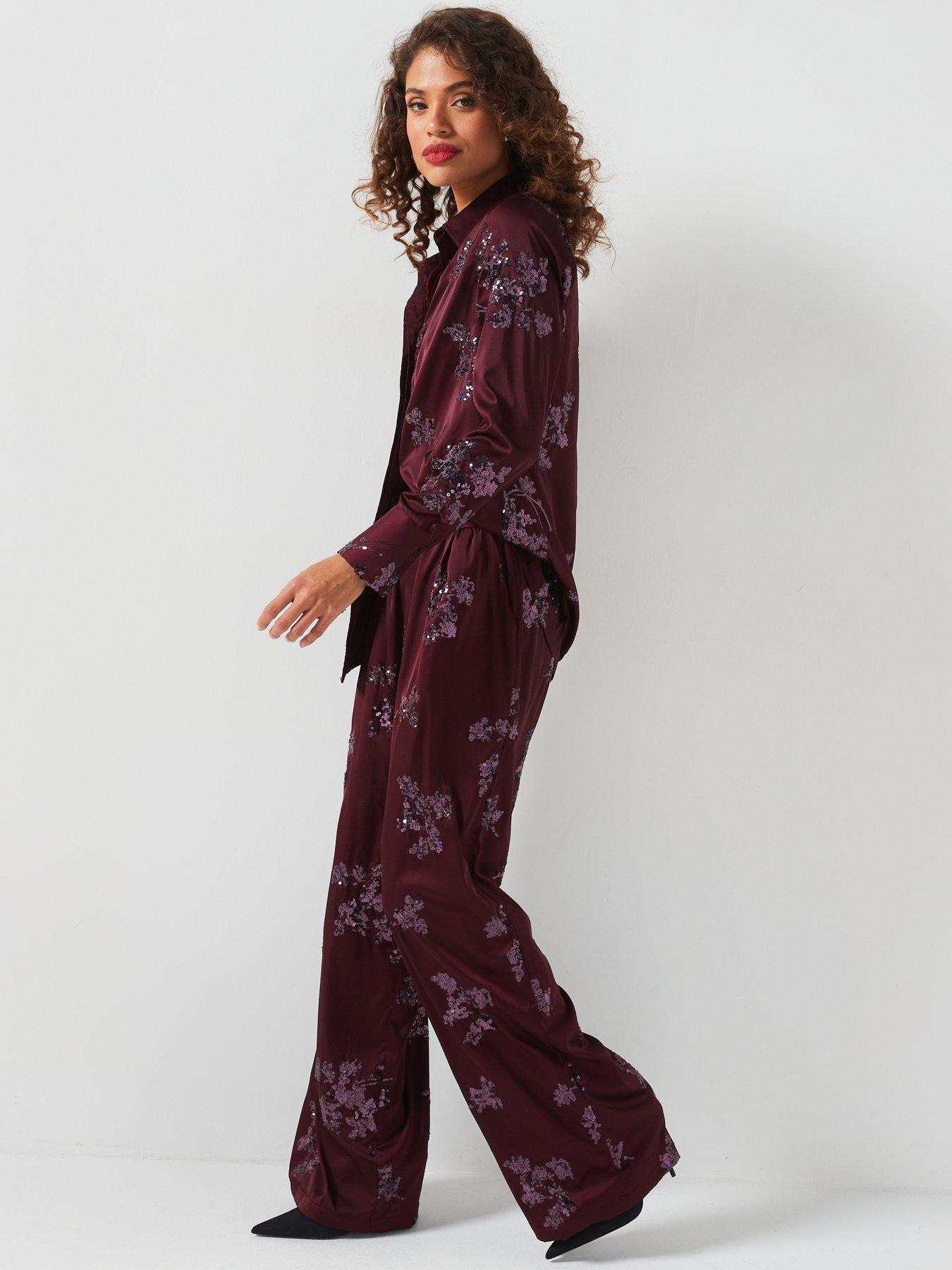 Image 4 of 6 of V by Very Sequin Satin Trouser Co-Ord - Burgundy