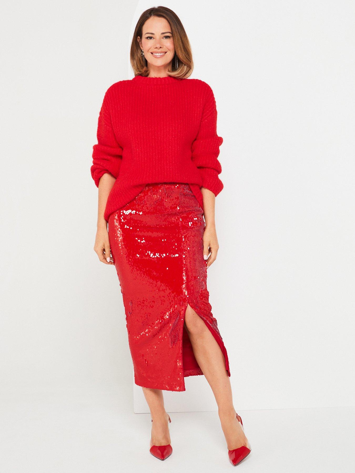 V By Very X Carol Byrne Side Split Sequin Pencil Skirt - Red