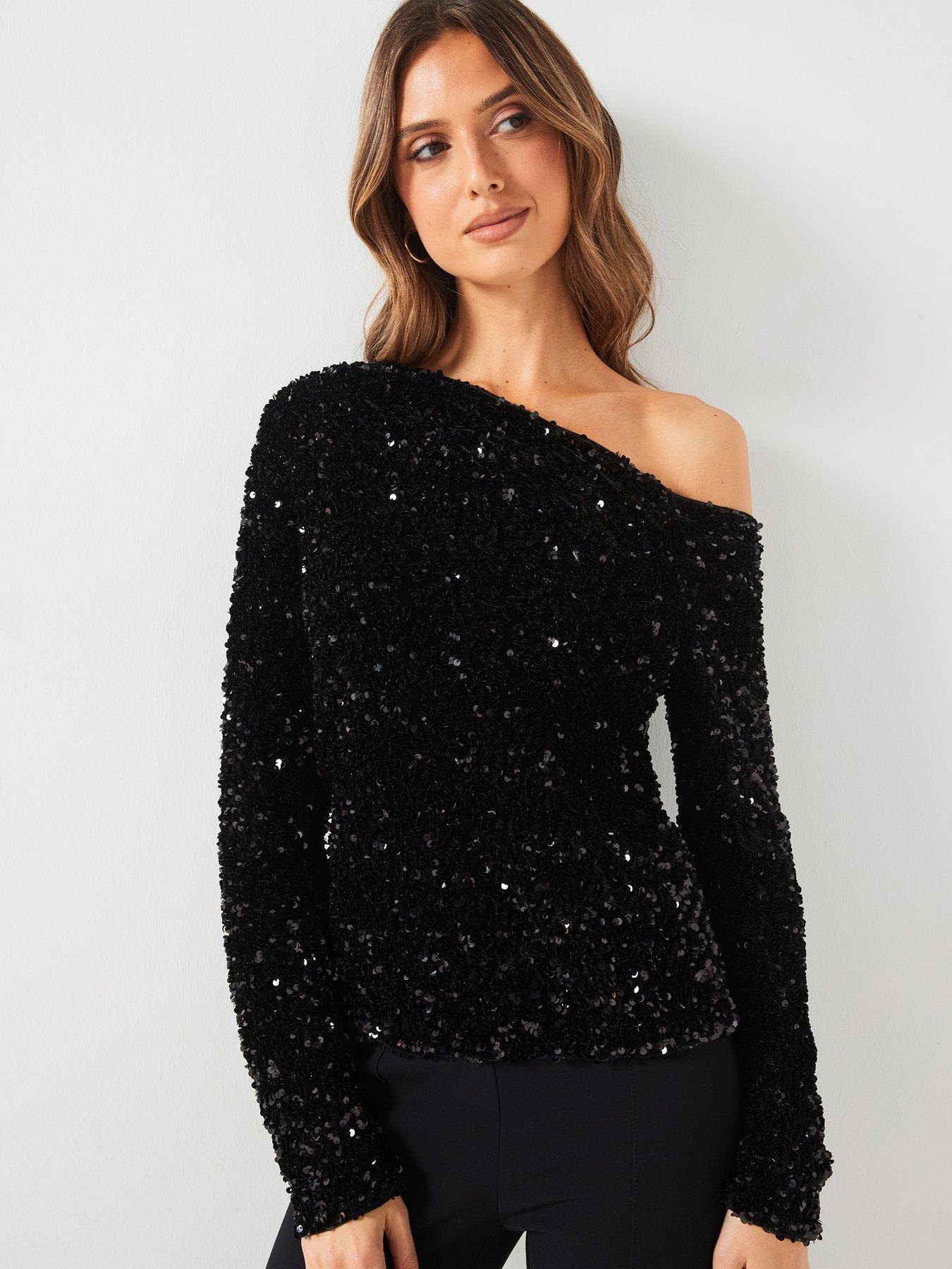 undefined Off The Shoulder Sequin Top - Black