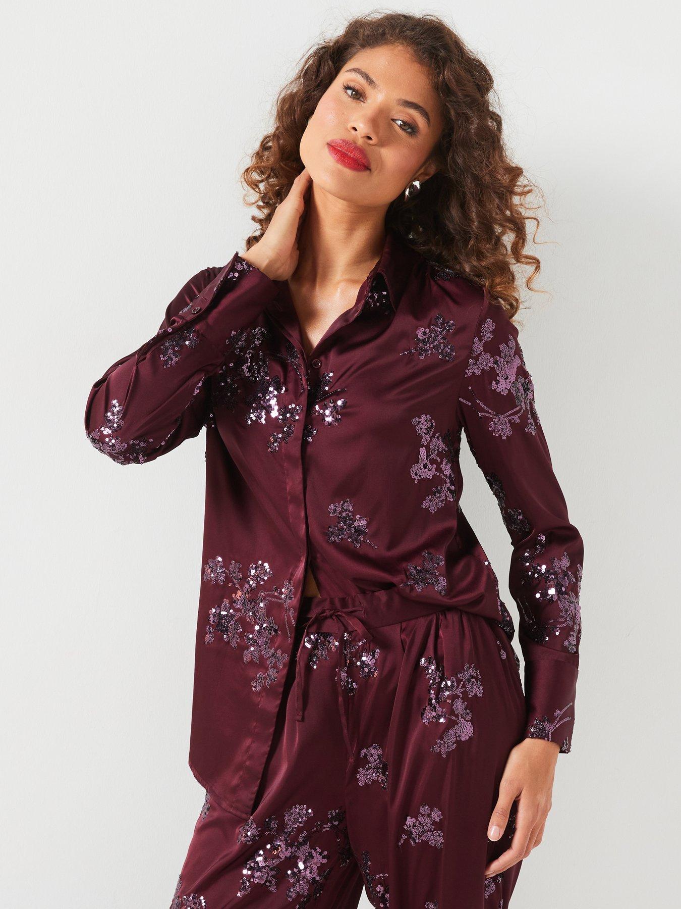 undefined Sequin Satin Shirt Co-Ord - Burgundy