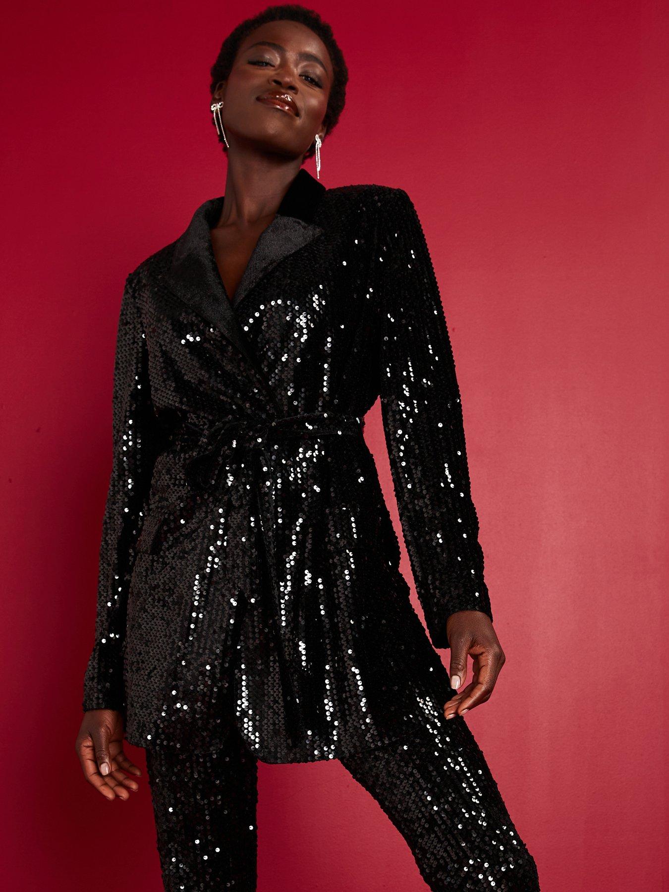 V by Very Sequin Tie Waist Blazer Black Very