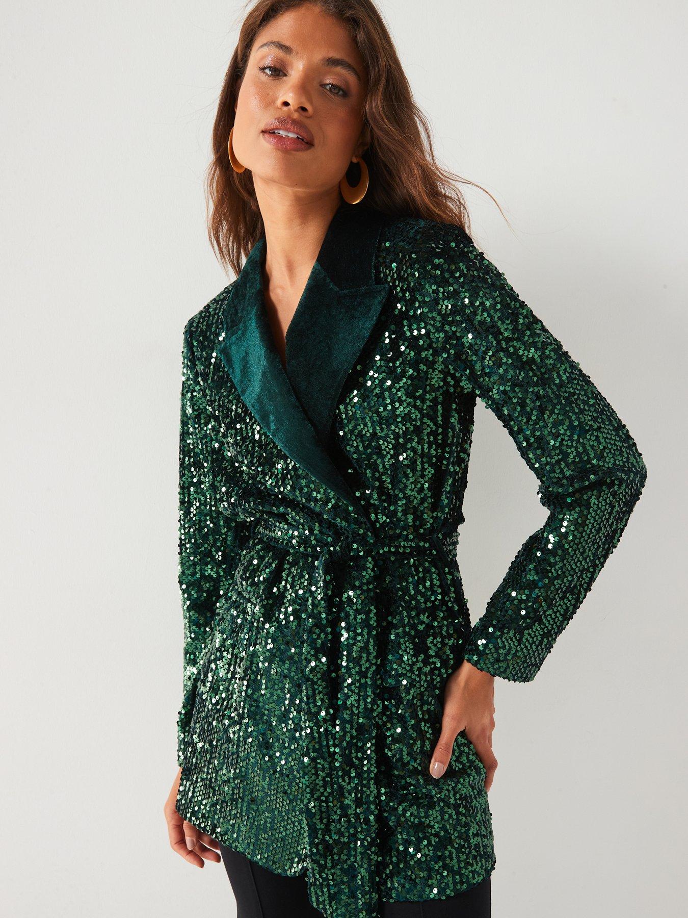 Image 1 of 5 of V by Very Sequin Tie Waist Blazer - Green