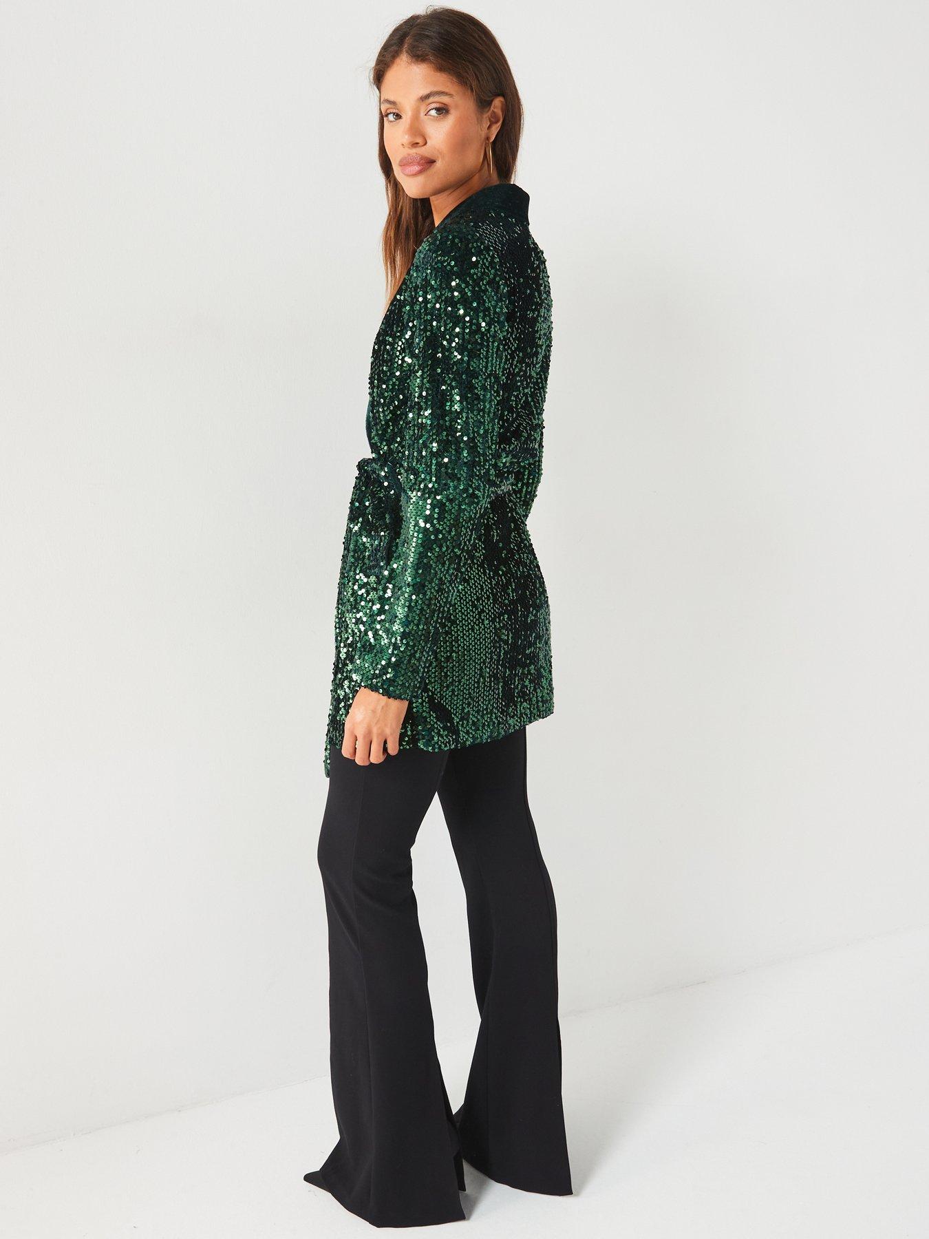 Image 2 of 5 of V by Very Sequin Tie Waist Blazer - Green