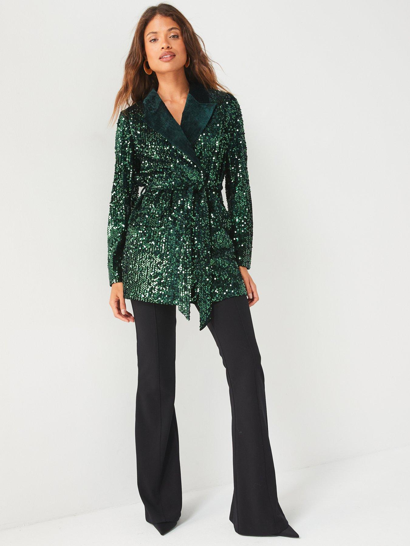 Image 3 of 5 of V by Very Sequin Tie Waist Blazer - Green