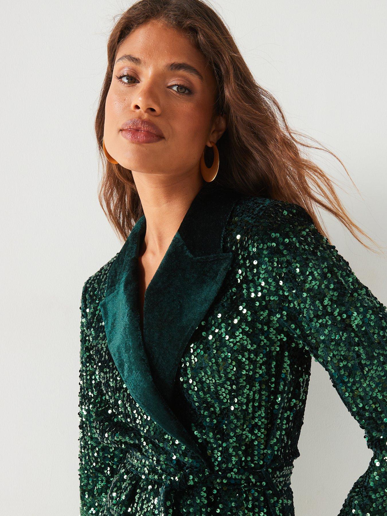 Image 4 of 5 of V by Very Sequin Tie Waist Blazer - Green