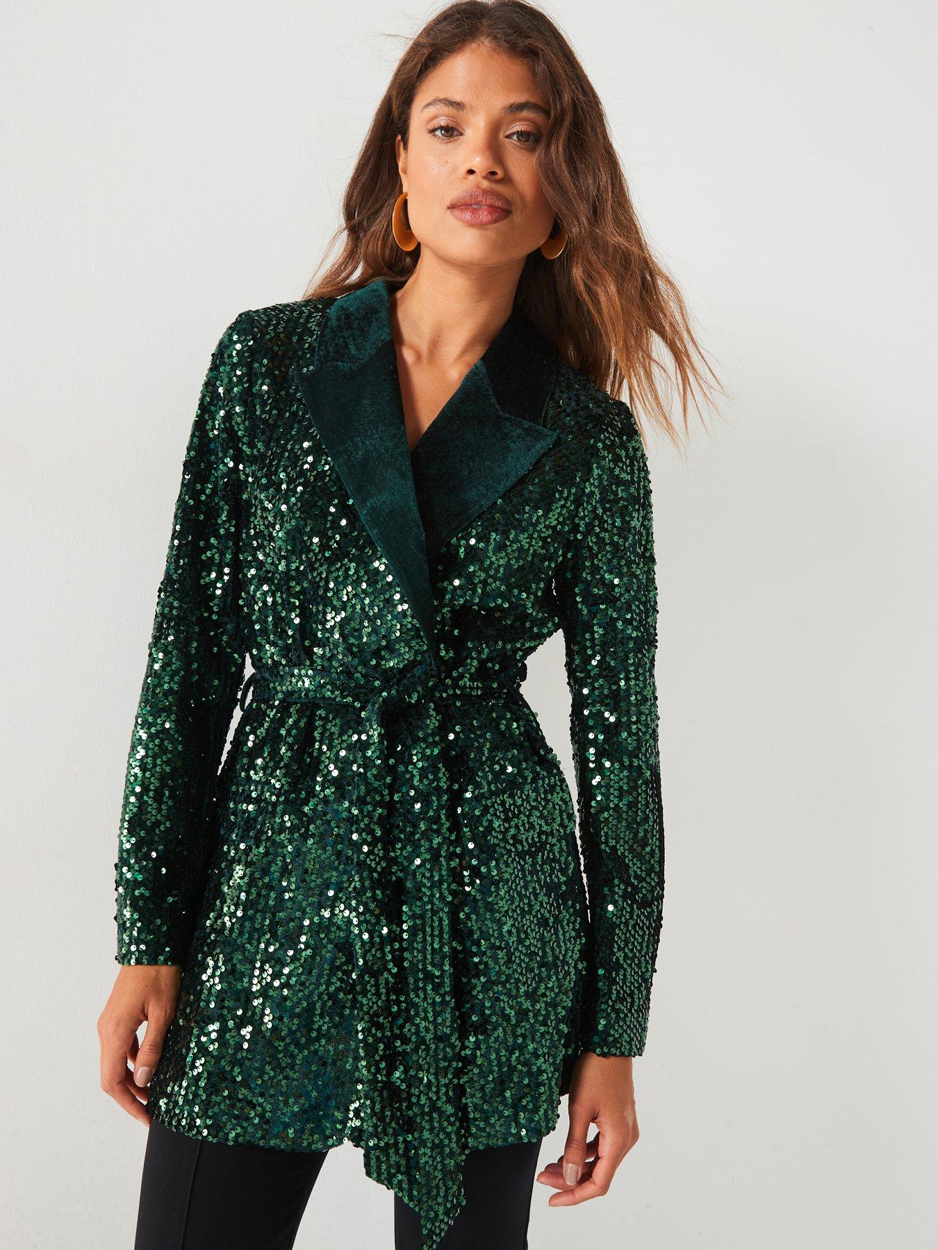 Image 5 of 5 of V by Very Sequin Tie Waist Blazer - Green