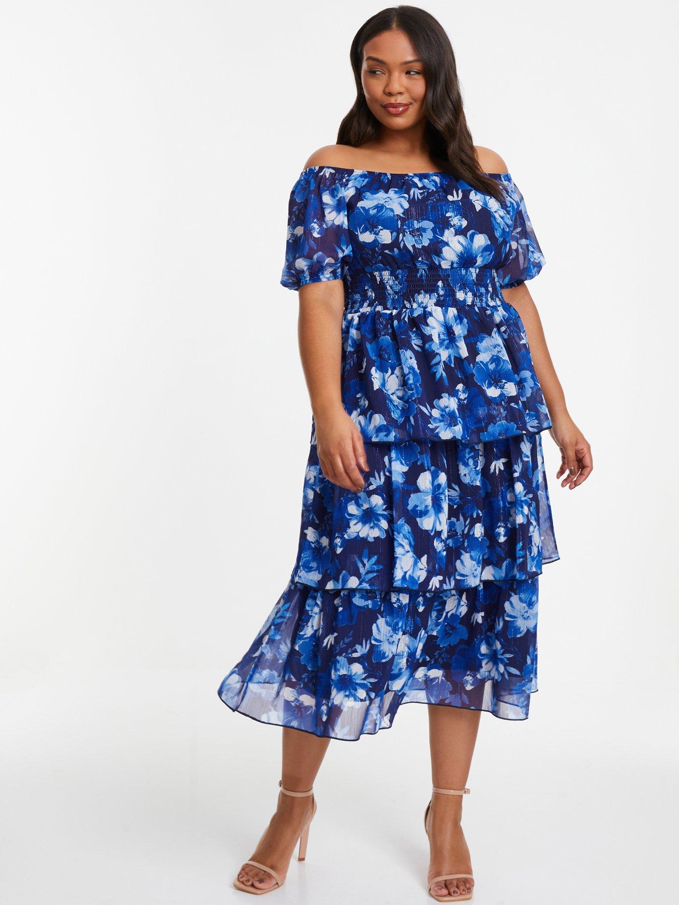 Quiz Curve Navy Chiffon Floral Bardot Midi Dress