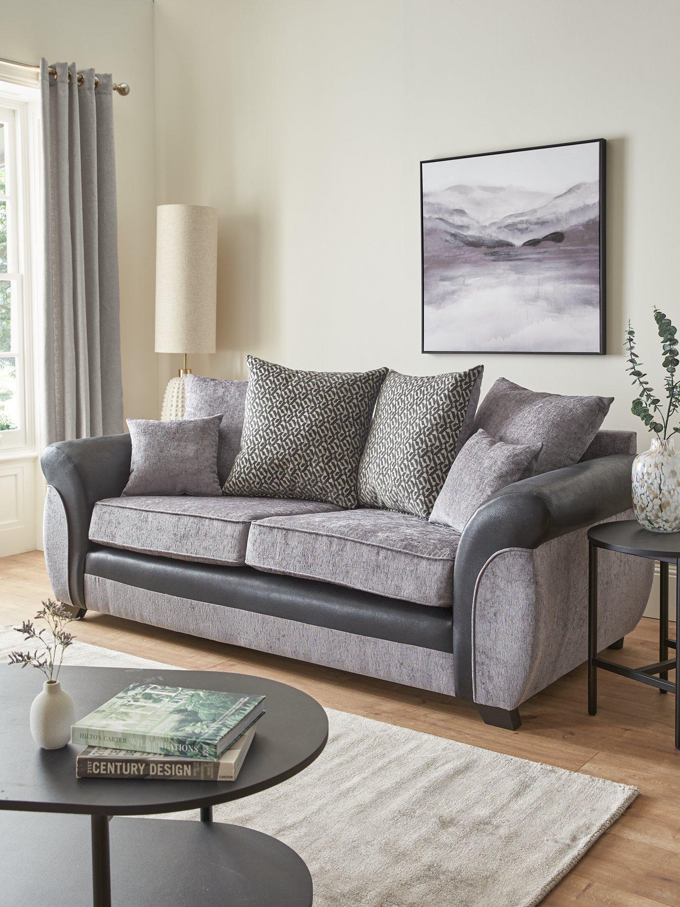 undefined Marino Fabric/Faux Leather 3 Seater Scatter Back Sofa - Grey/Black