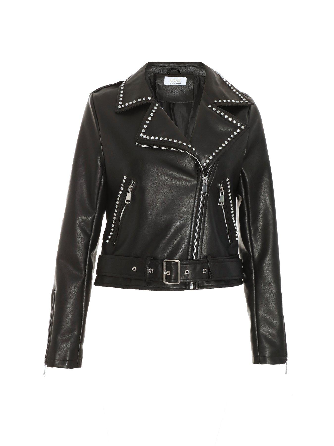 Quiz Black Faux Leather Studded Biker Jacket | Very.co.uk