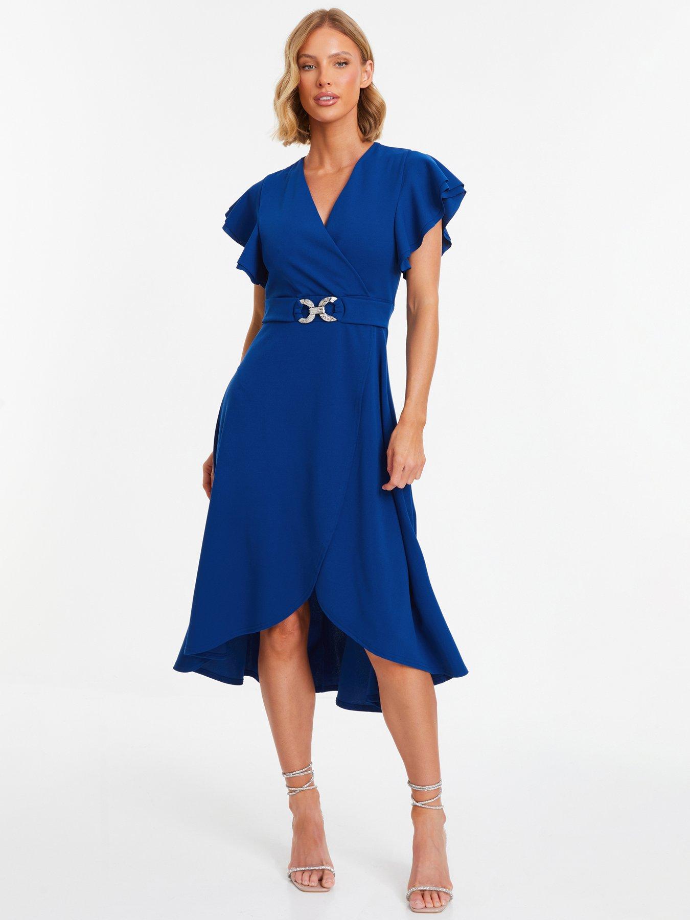 blue wrap dress uk Tie Side Satin Cami Wrap Dress in Navy Blue | Luxe Collection