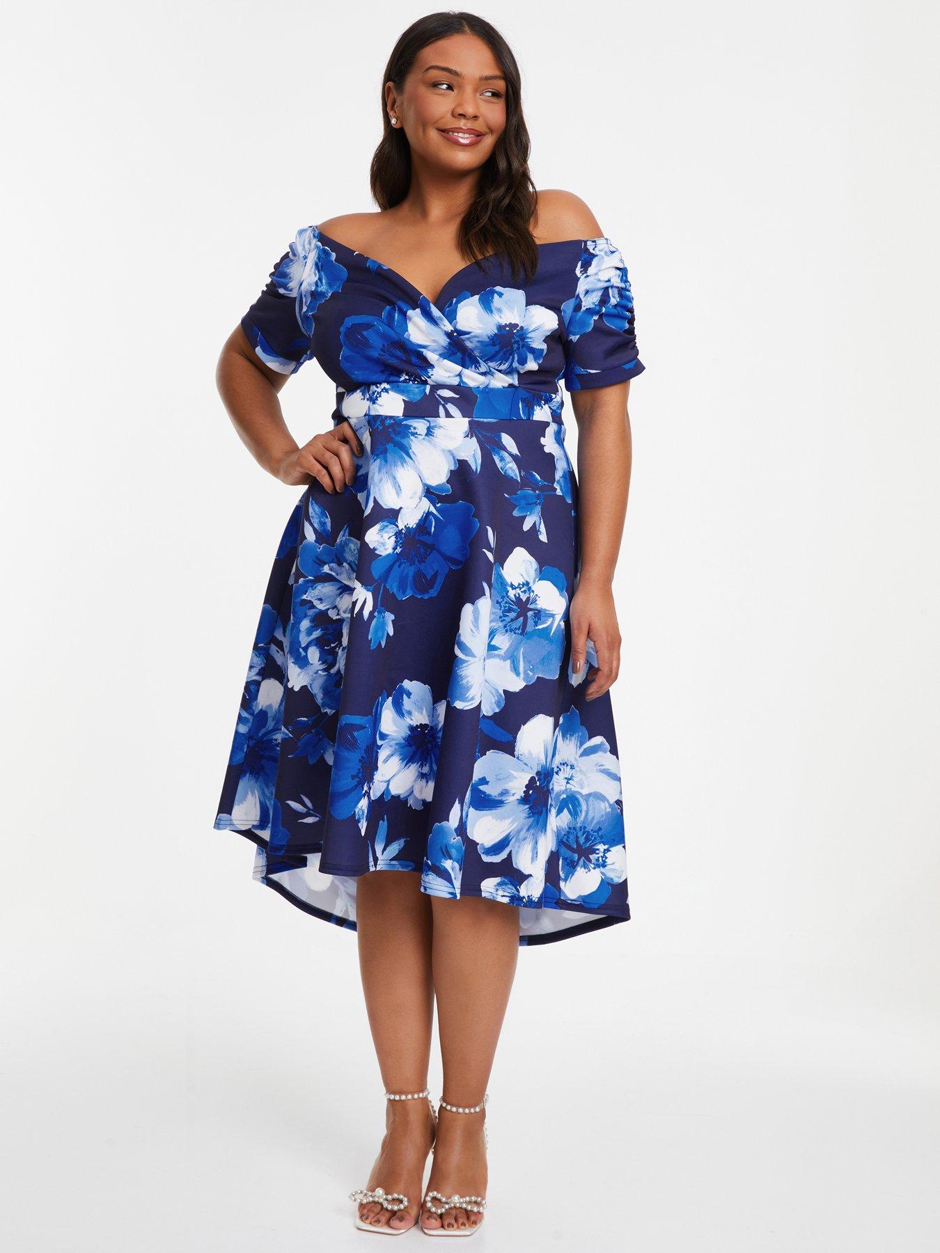 Quiz Curve Navy Floral Bardot Dip Hem Midi Dress Very