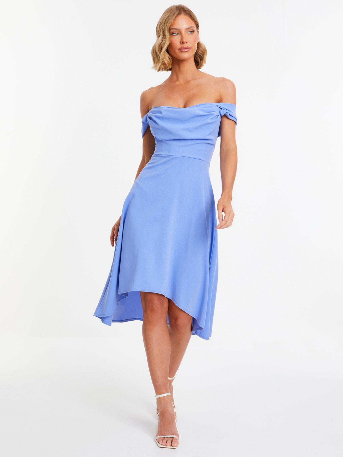 blush pink embroidered bardot dip hem dress Sequin & Satin Dipped Hem Midi Dress - Blush main image 0