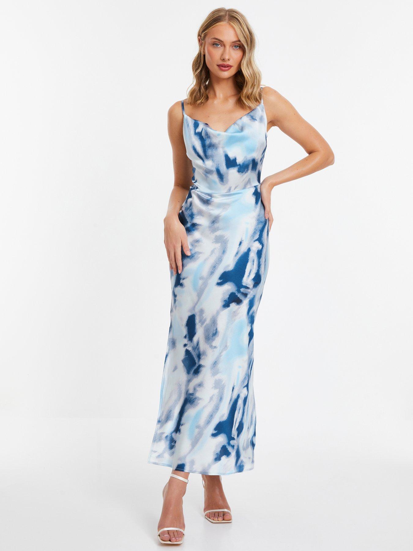 Quiz Blue Satin Marble Print Midi Dress | Very.co.uk