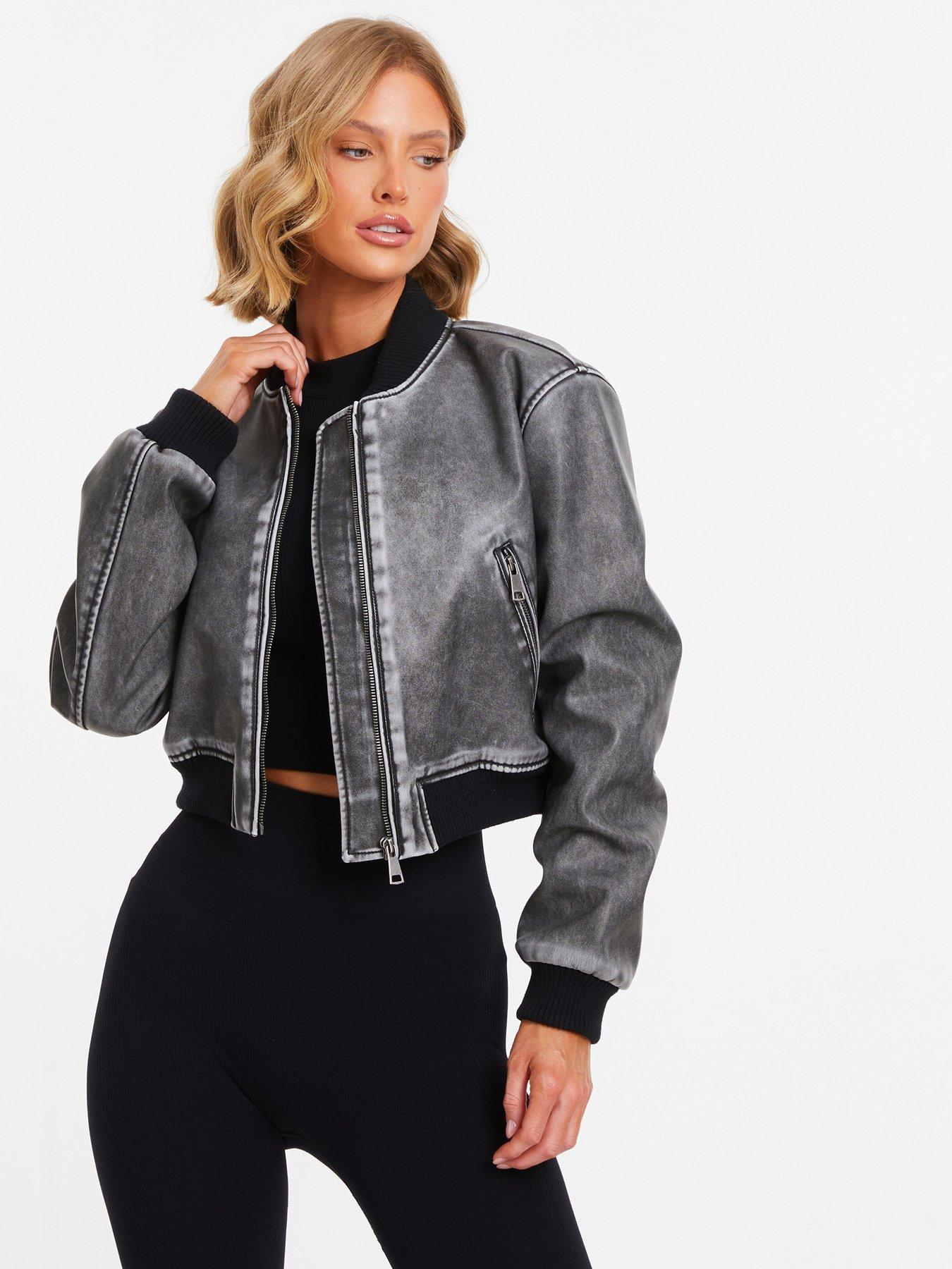 Quiz Grey Faux Leather Bomber Jacket