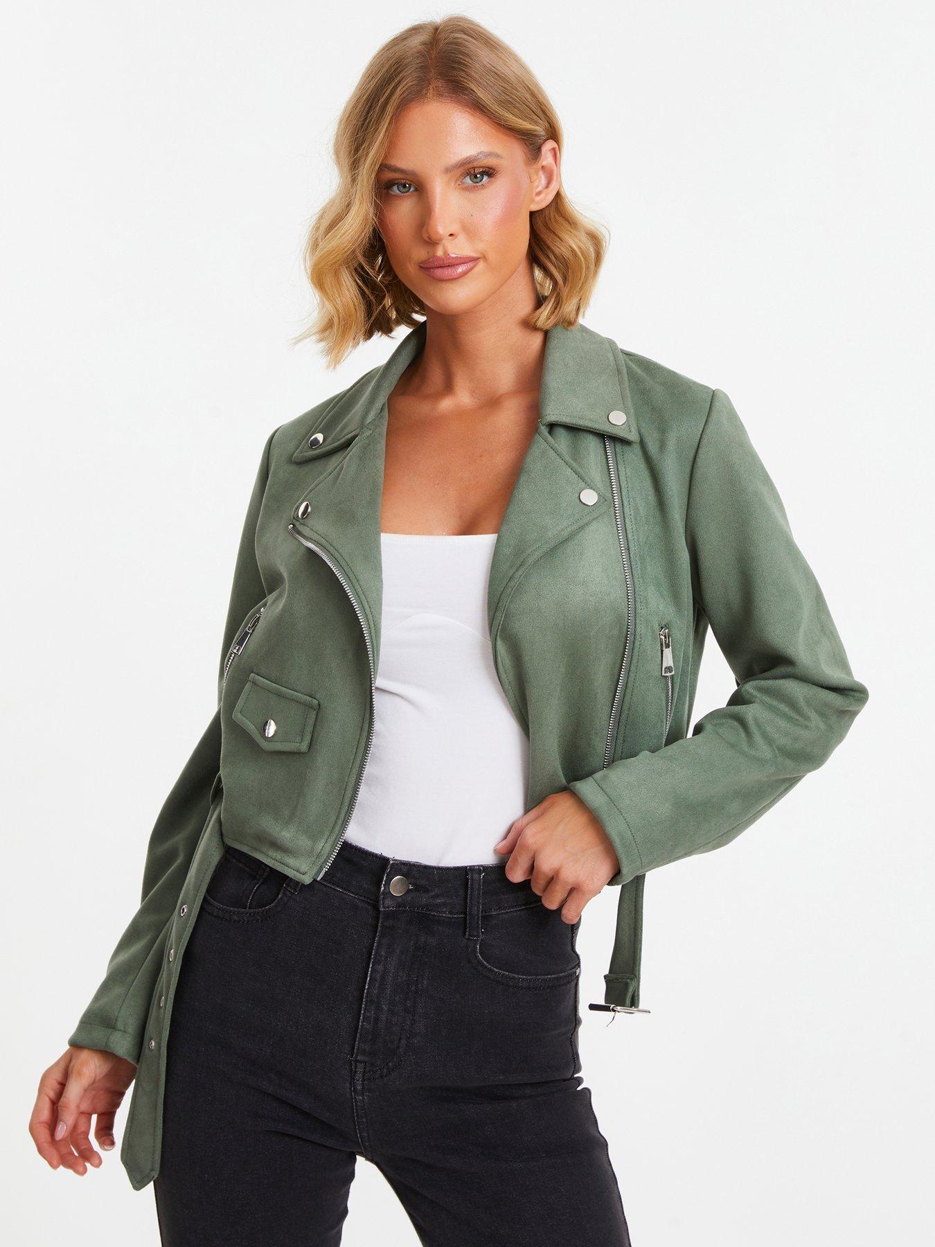 Quiz Khaki Faux Suede Cropped Biker Jacket | Very.co.uk