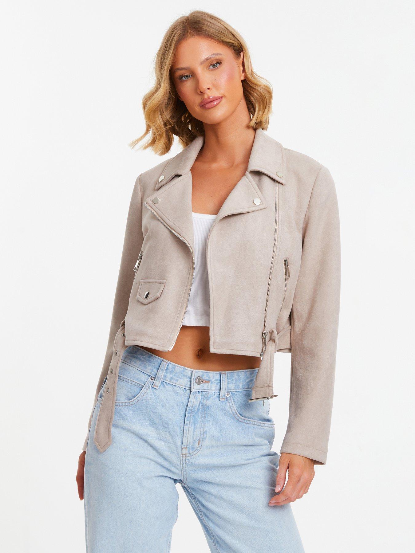 Quiz Stone Faux Suede Cropped Biker Jacket | Very.co.uk