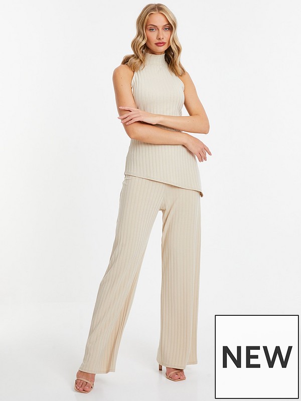 Quiz Stone Ribbed High Waisted Trousers
