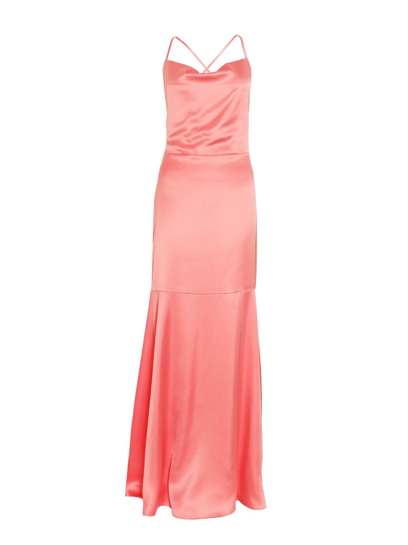 Image 4 of 6 of Quiz Coral Satin Cross Back Maxi Dress