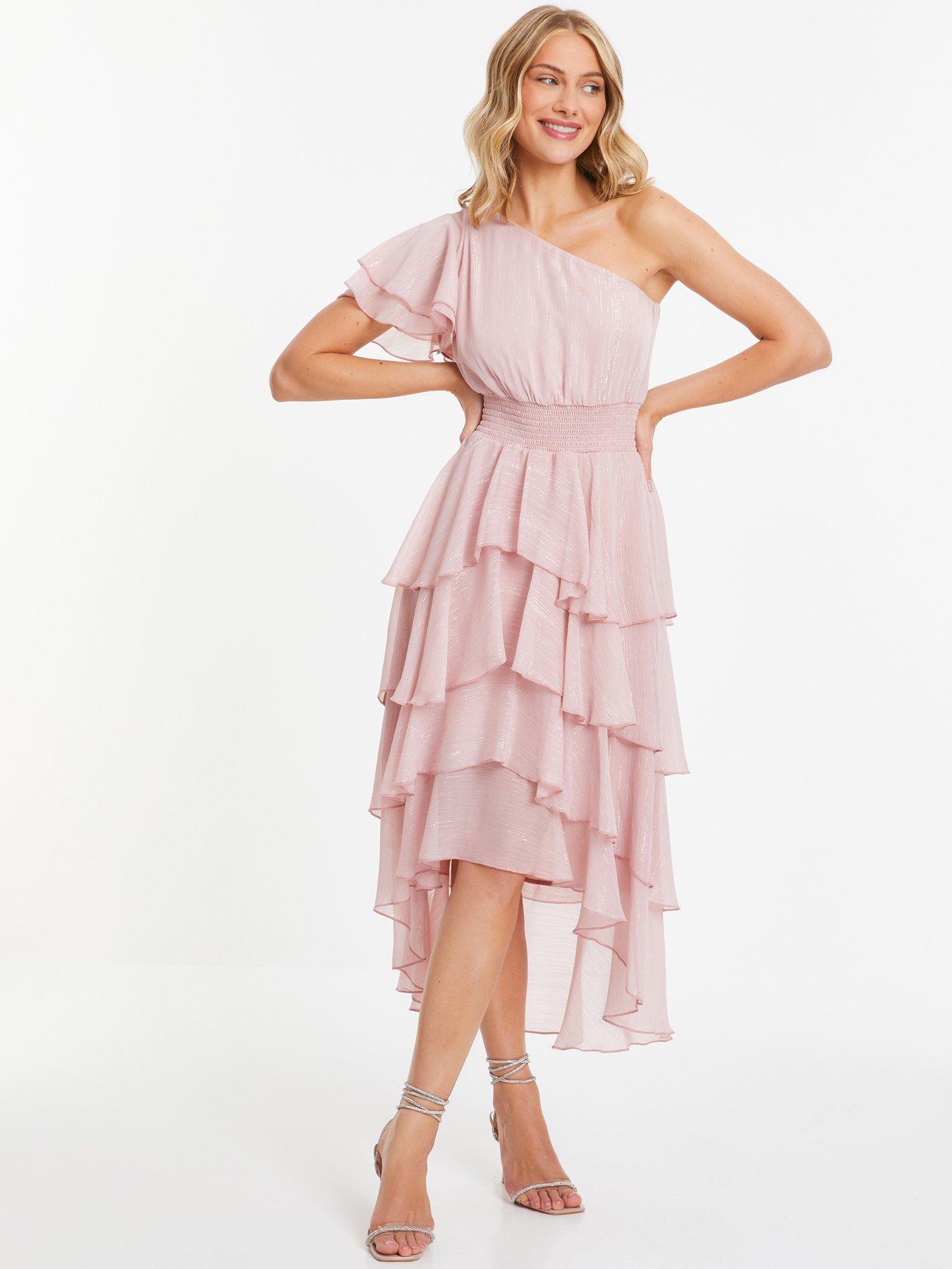 Quiz Light Pink Chiffon One Sleeve Frill Midi Dress | Very