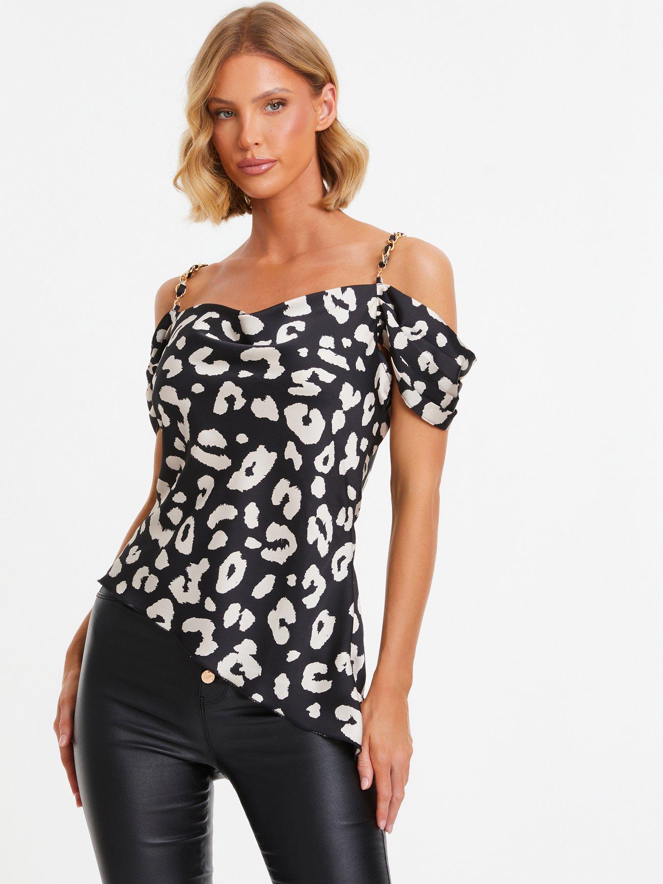 Quiz Black Satin Animal Print Drop Shoulder Top | Very