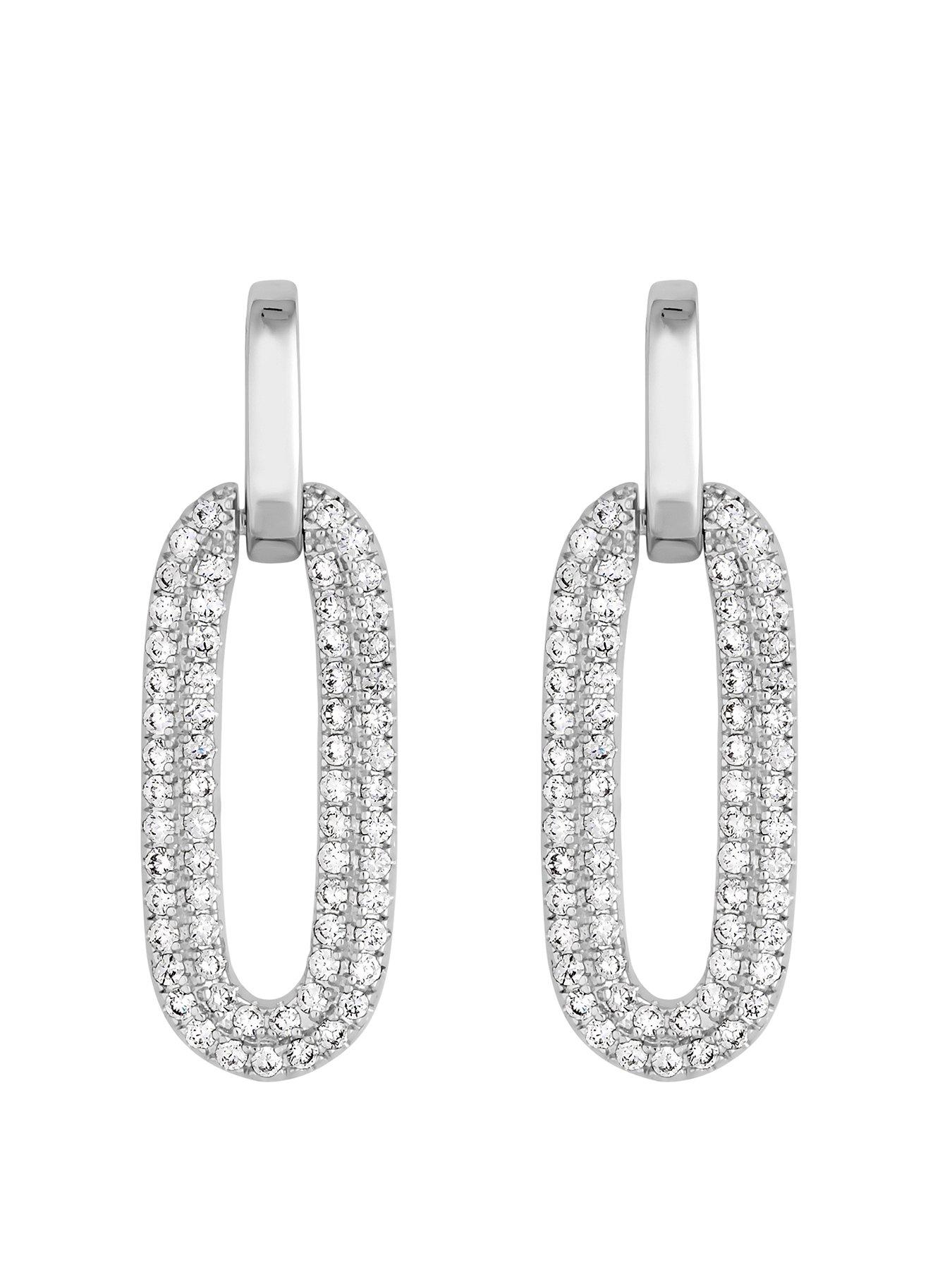 Product photograph of Jon Richard Rhodium Plated Polished And Pave Link Drop Earrings from very.co.uk