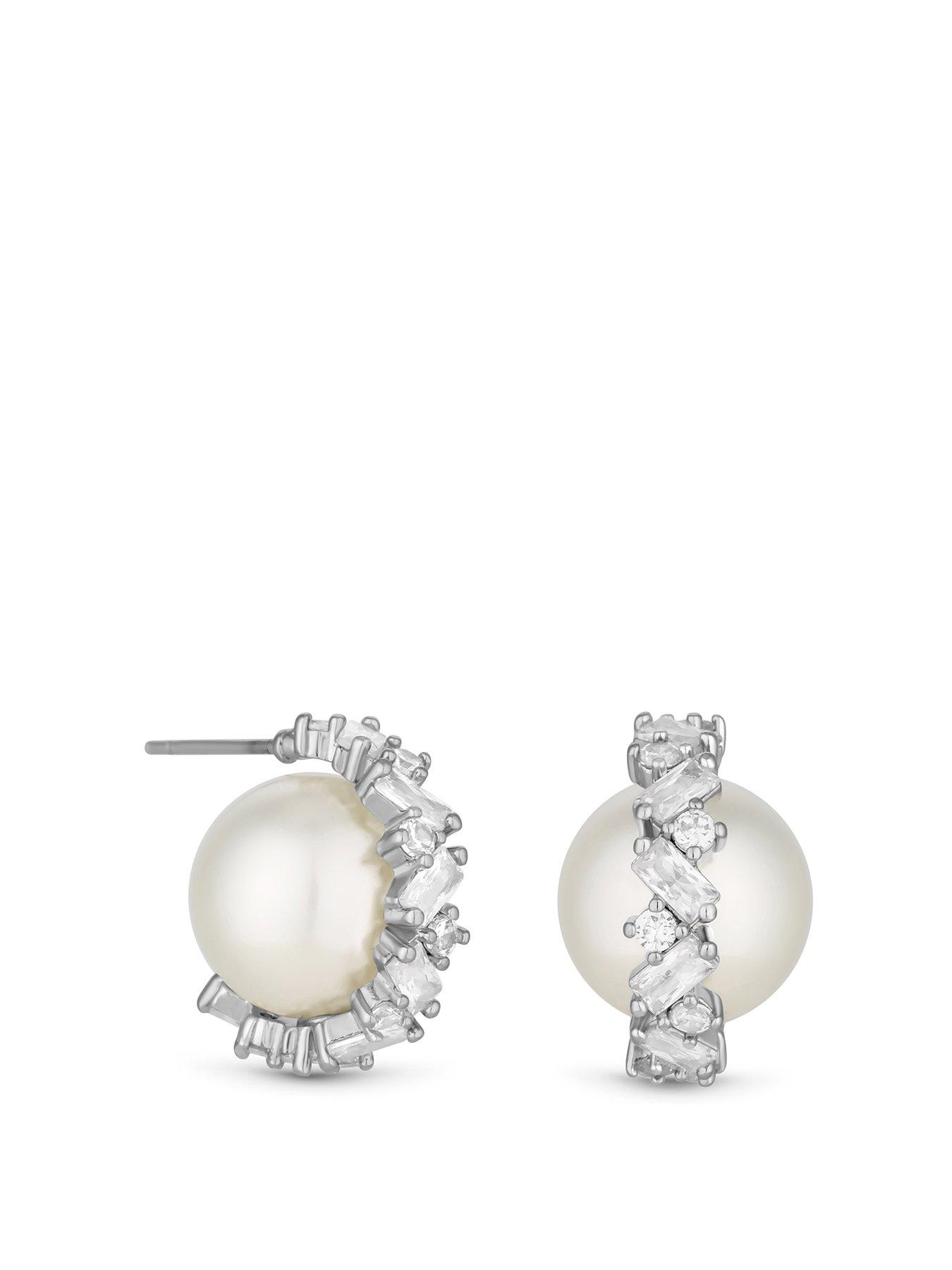 Product photograph of Jon Richard Rhodium Plated Cubic Zirconia Wrapped Pearl Stud Earrings from very.co.uk