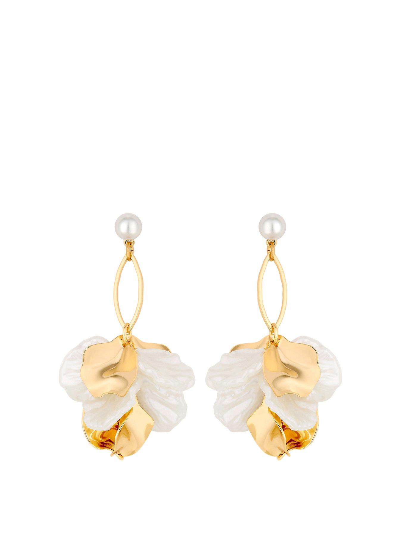 Product photograph of Mood Gold White Pearl And Polished Flower Charm Drop Earrings from very.co.uk