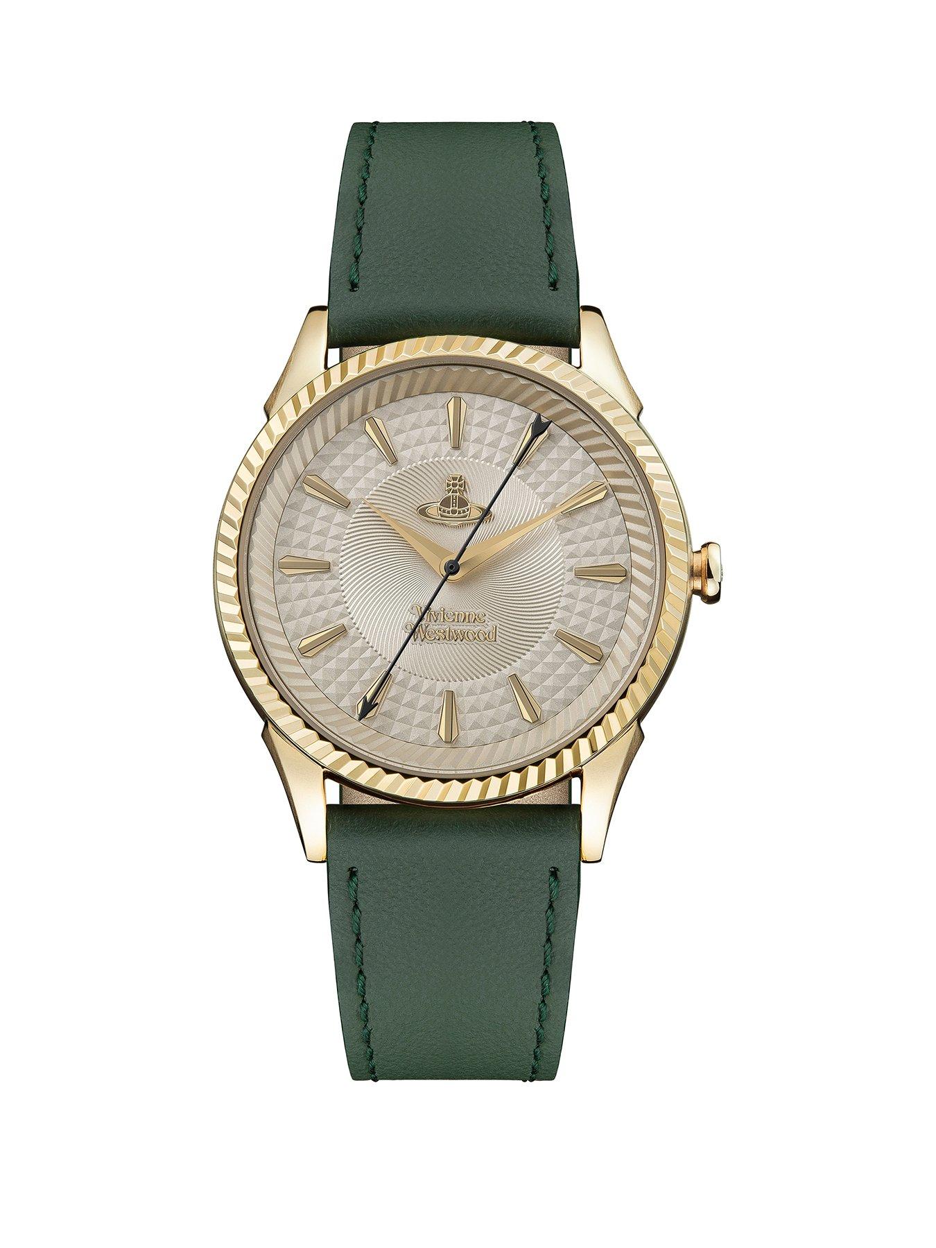 Product photograph of Vivienne Westwood Seymour Ladies Quartz Watch With Silver Dial Gold Case And Green Leather Strap from very.co.uk