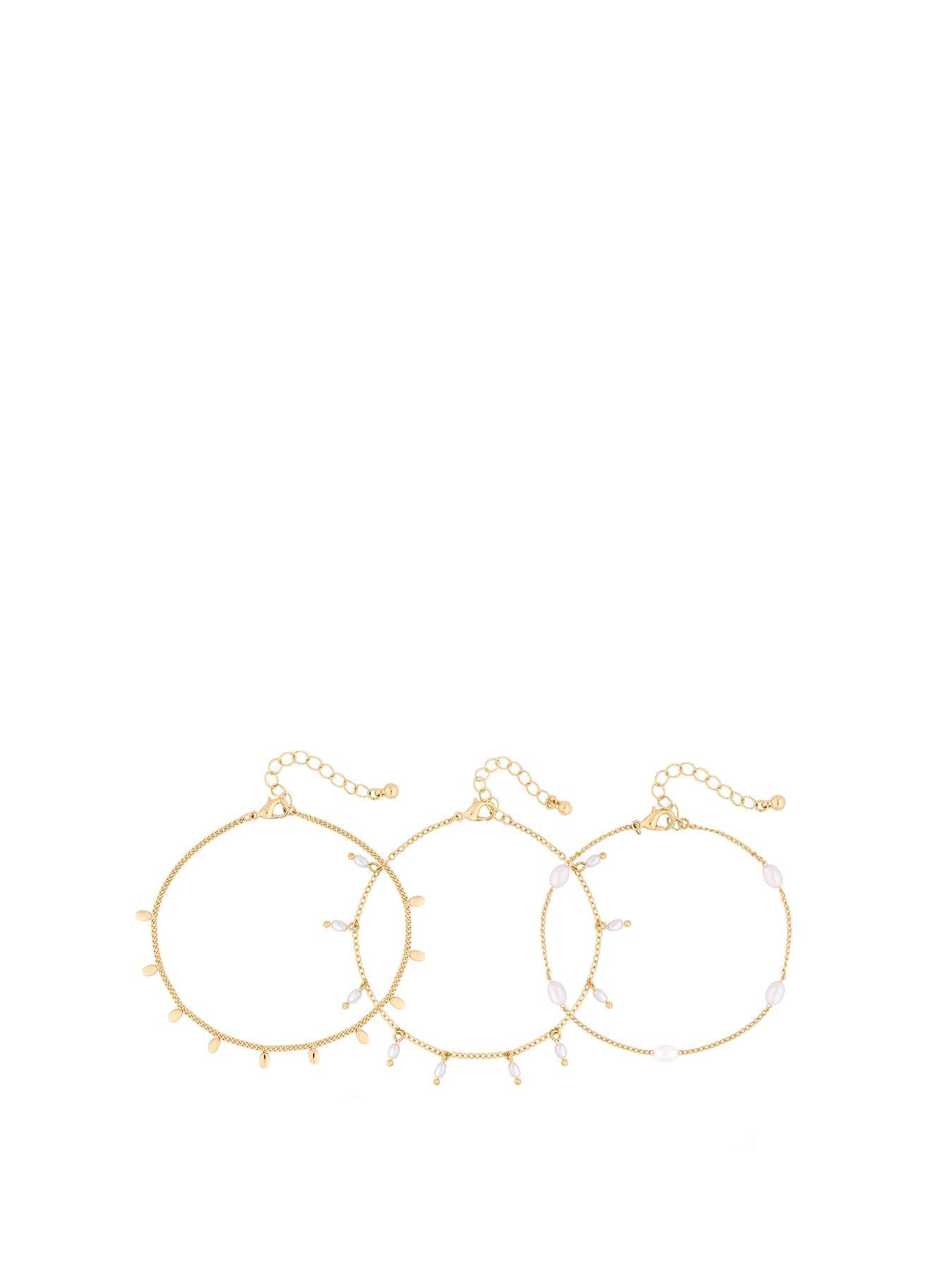 Product photograph of Mood Gold Cream Pearl And Crystal Coastal Anklets - Pack Of 3 from very.co.uk