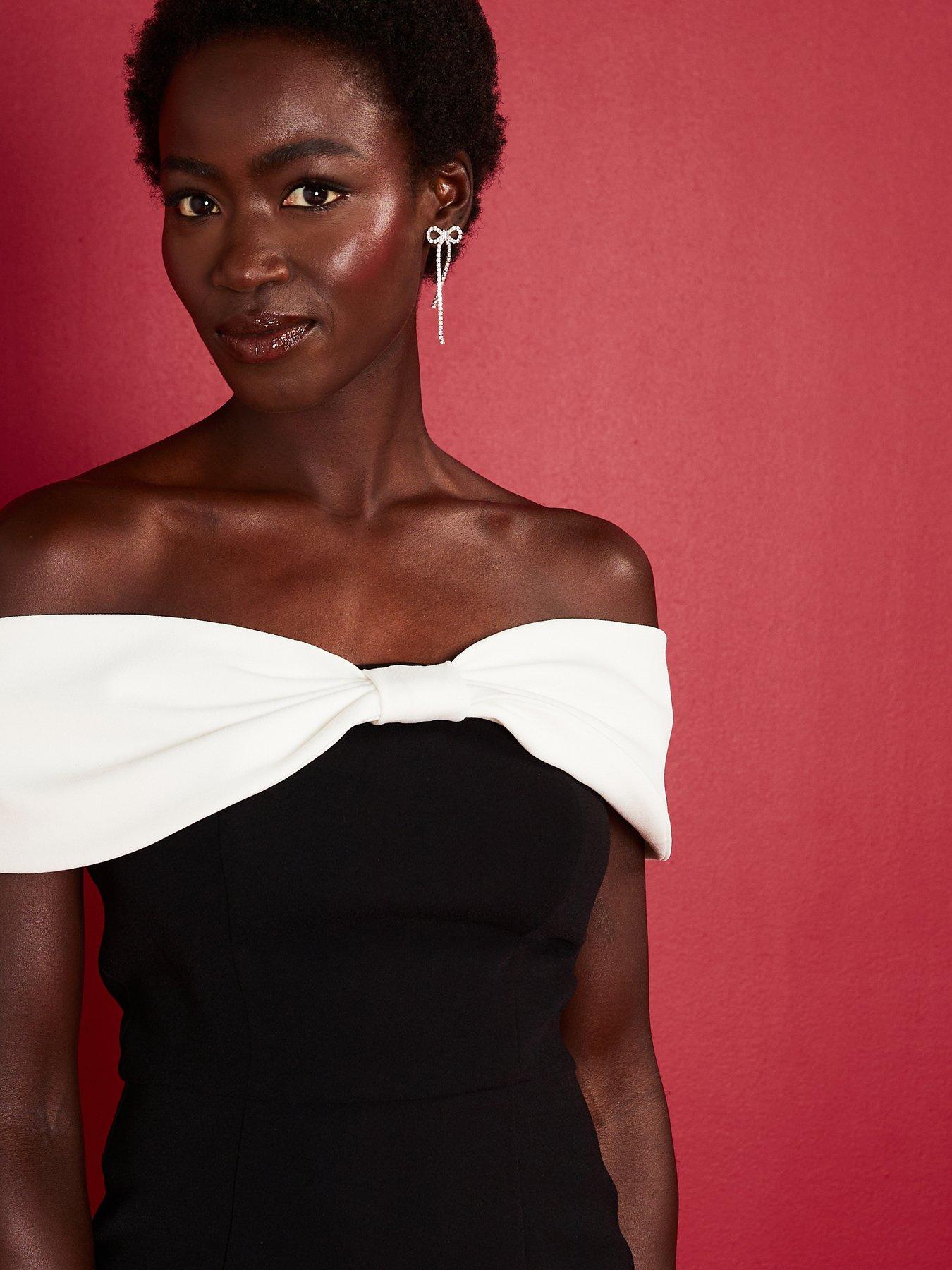 Image 4 of 6 of V by Very Bow Front Crepe Midi&nbsp;Dress - Black/White