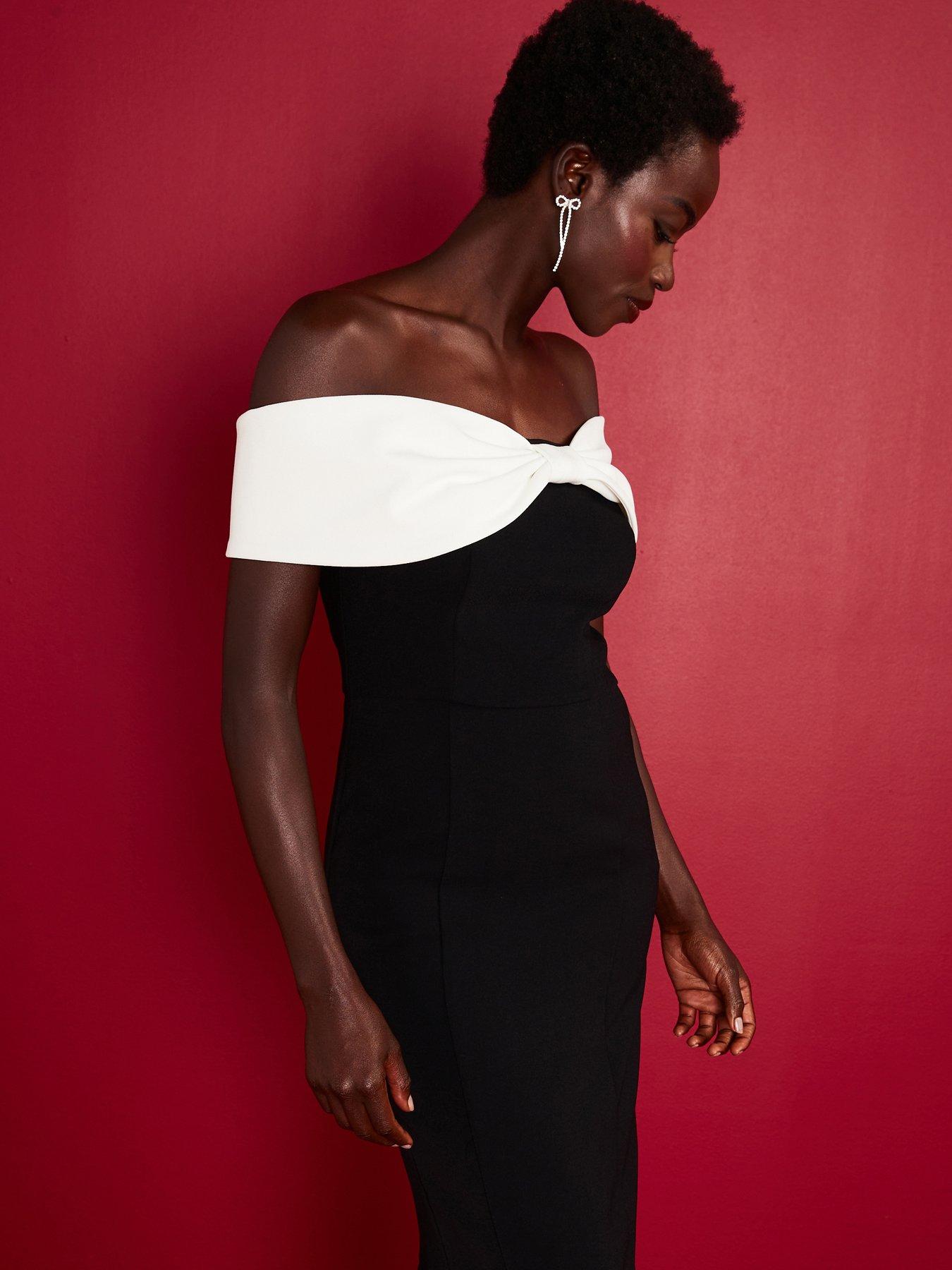 Image 5 of 6 of V by Very Bow Front Crepe Midi&nbsp;Dress - Black/White