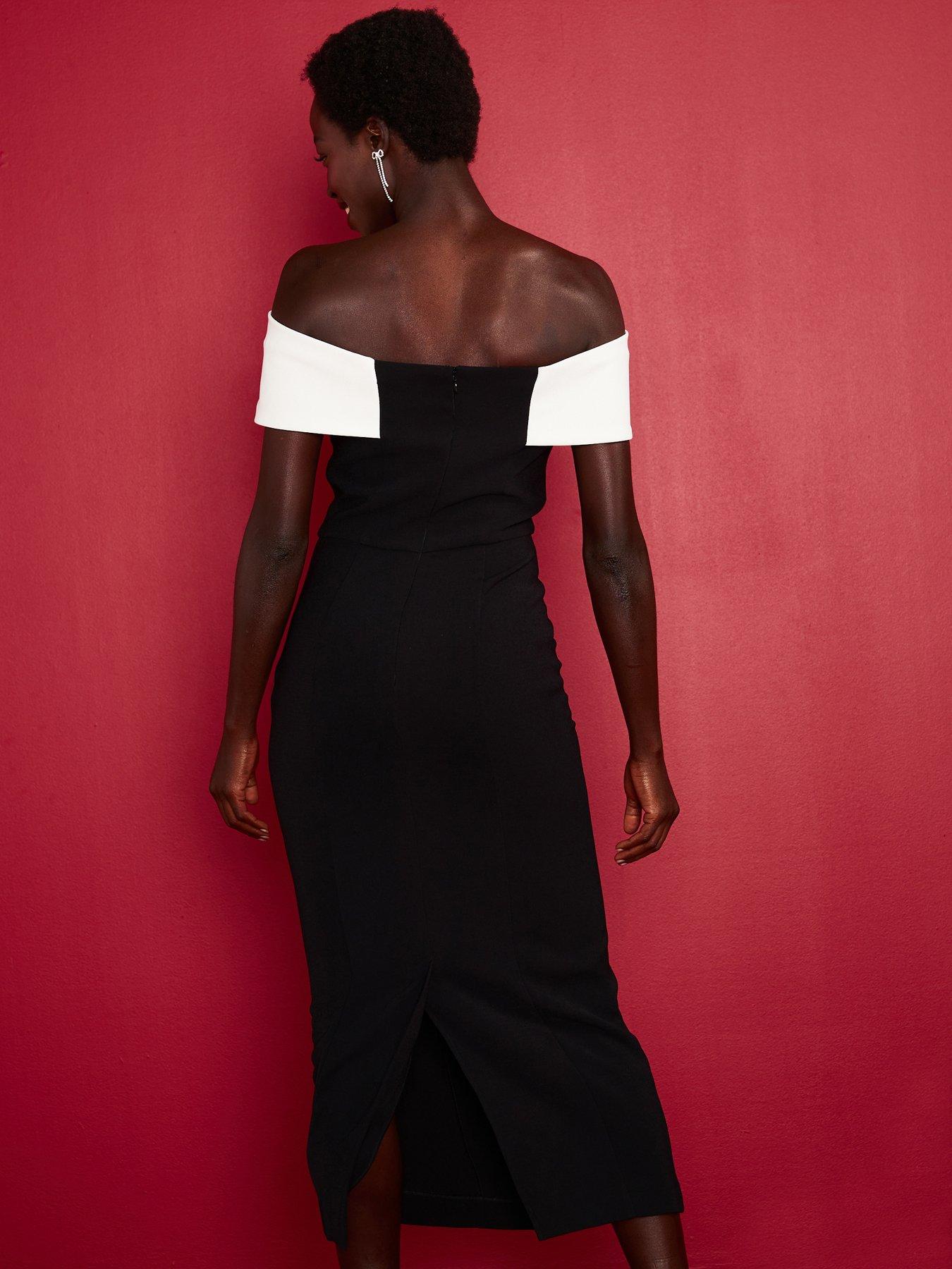 Image 6 of 6 of V by Very Bow Front Crepe Midi&nbsp;Dress - Black/White