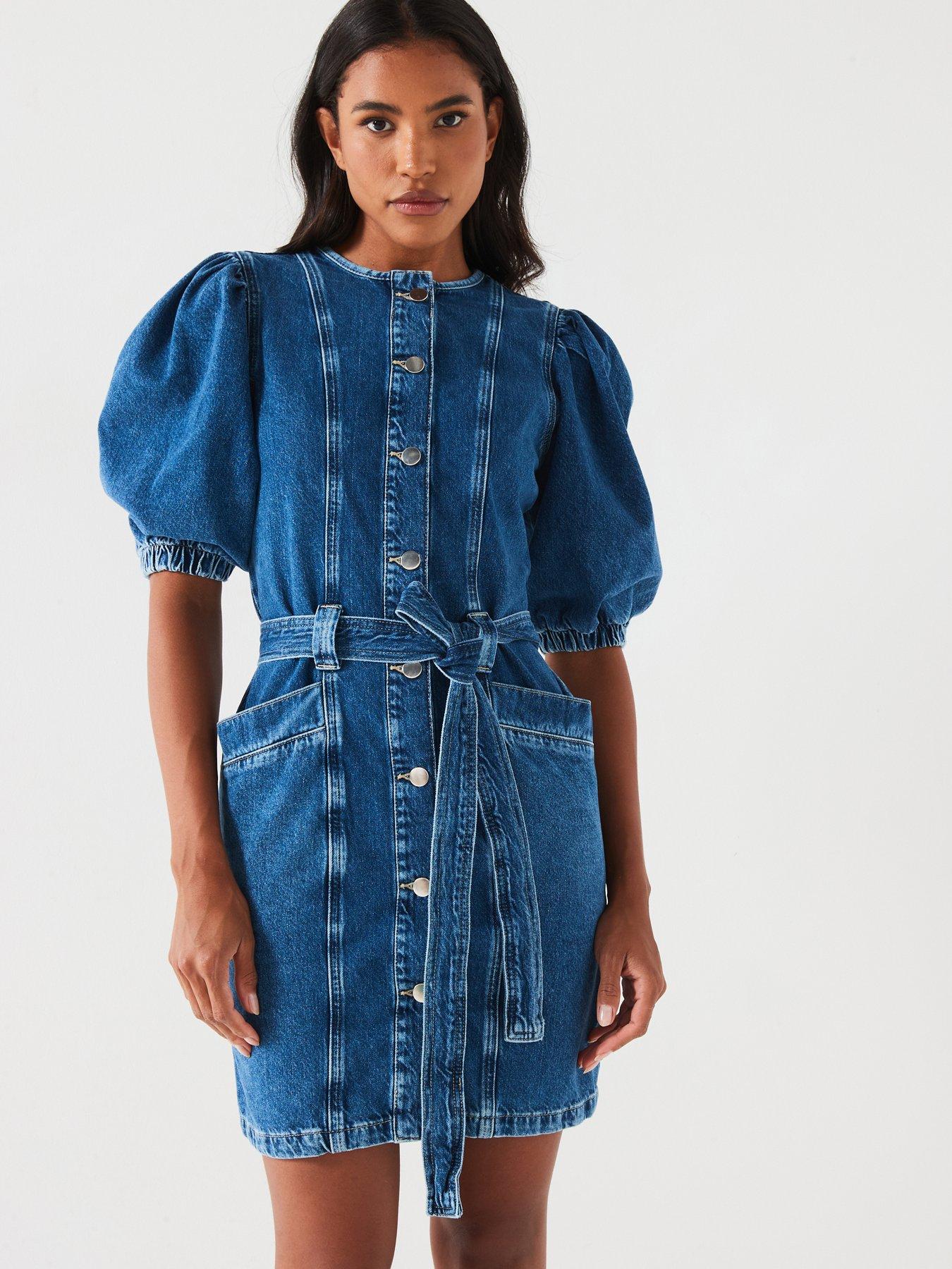 Image 1 of 6 of V by Very Denim Puff Sleeve Mini Dress - Midi Wash