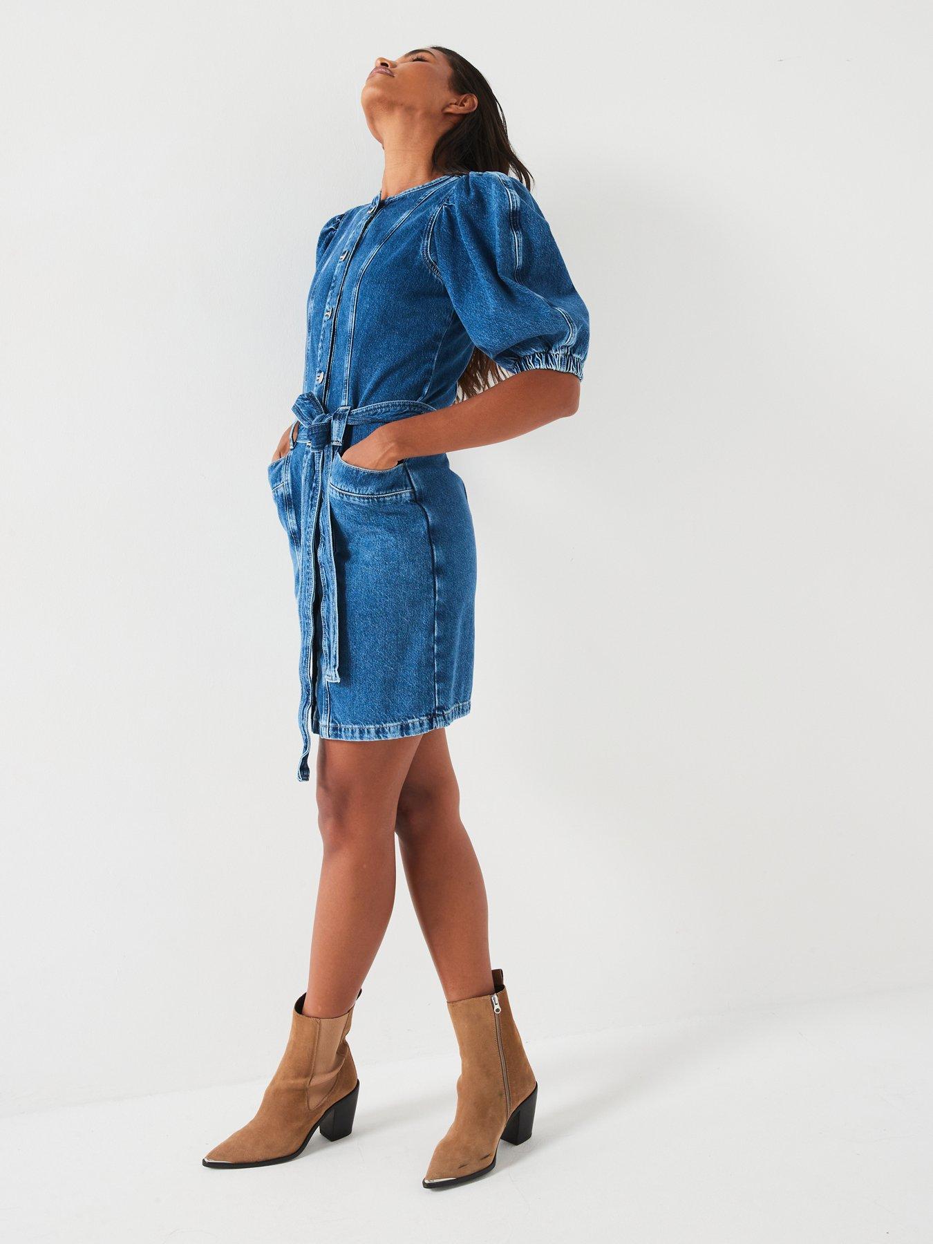 Image 3 of 6 of V by Very Denim Puff Sleeve Mini Dress - Midi Wash