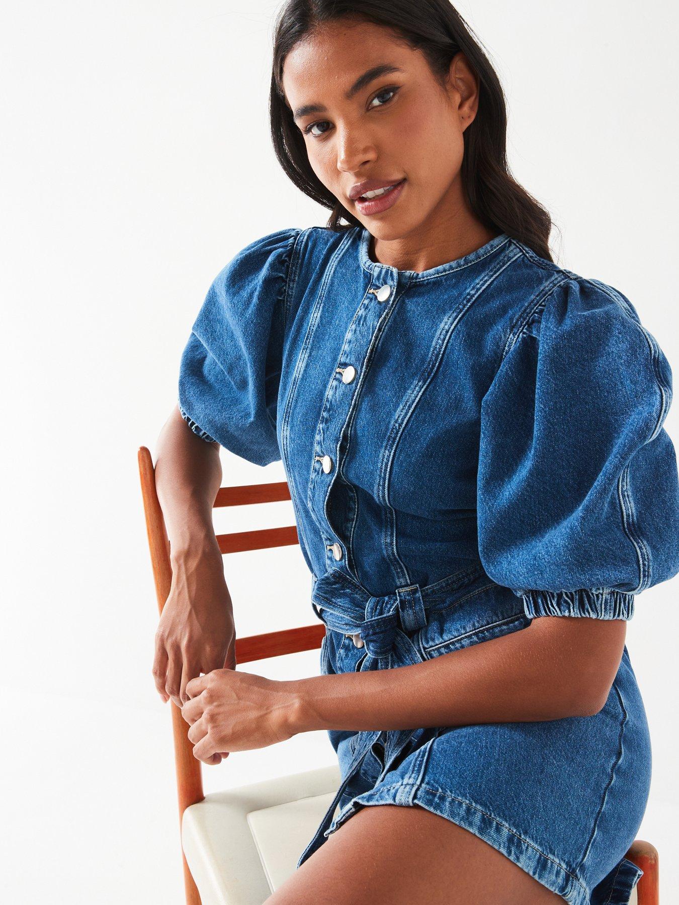 Image 4 of 6 of V by Very Denim Puff Sleeve Mini Dress - Midi Wash