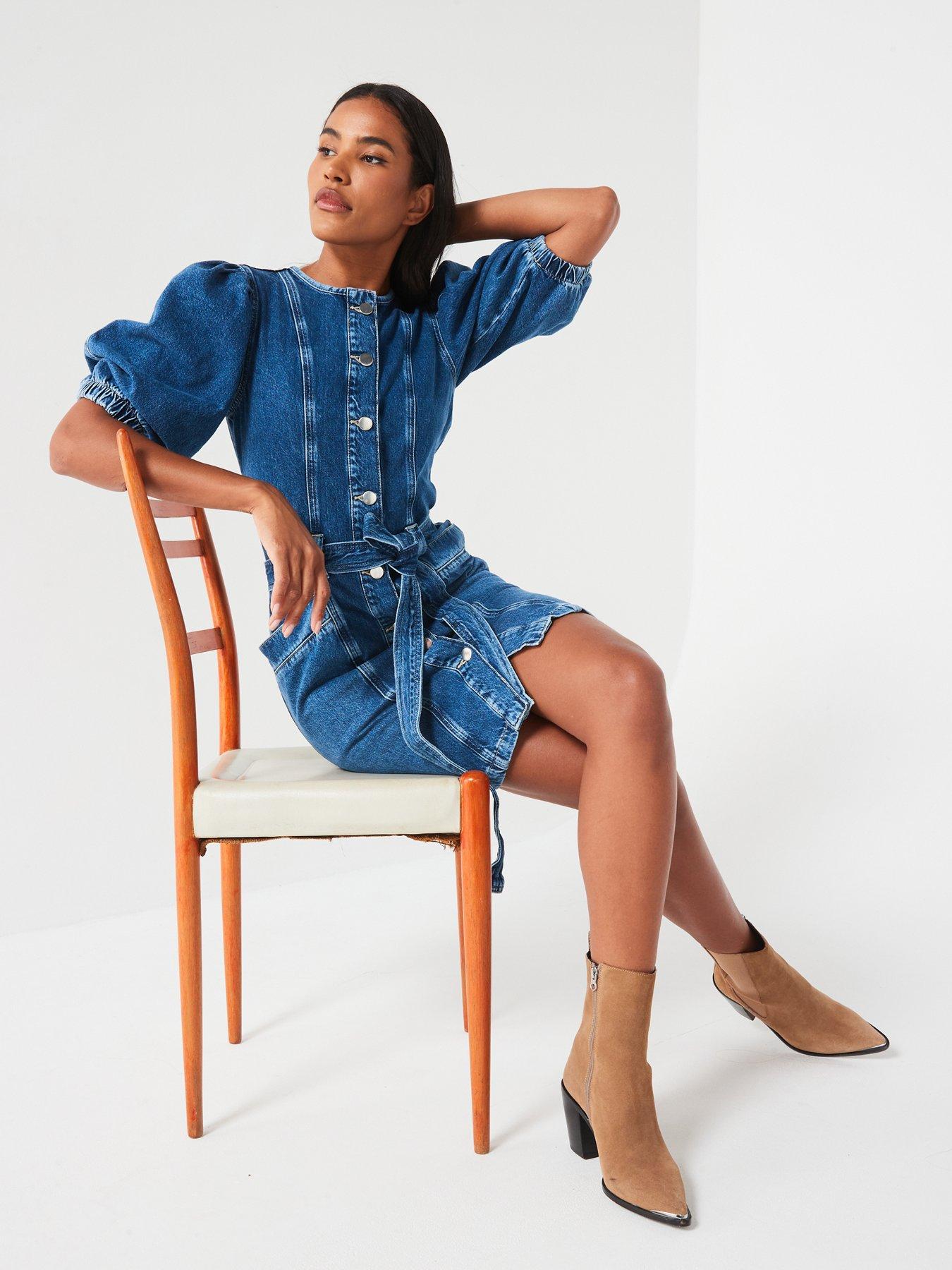 Image 5 of 6 of V by Very Denim Puff Sleeve Mini Dress - Midi Wash