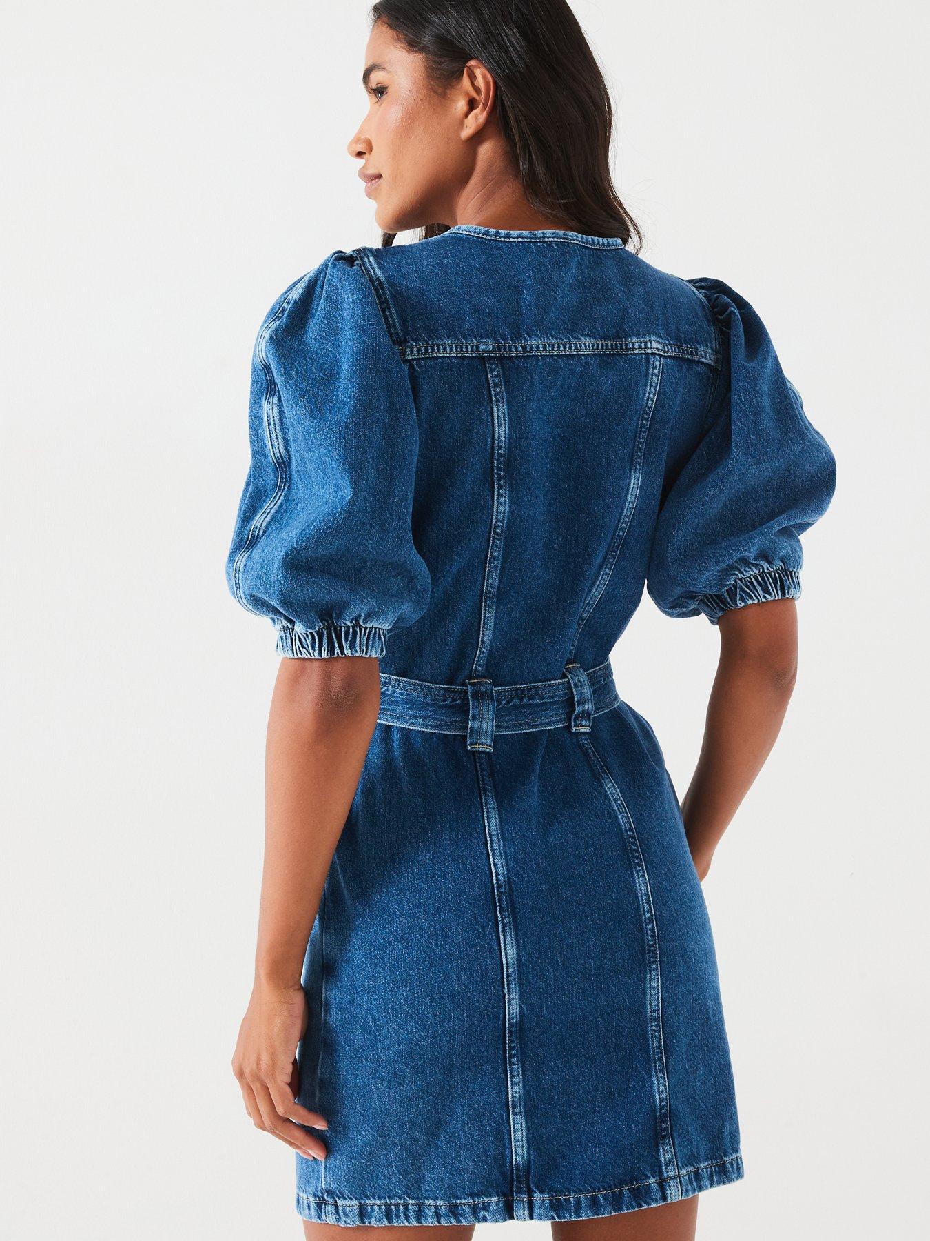 Image 6 of 6 of V by Very Denim Puff Sleeve Mini Dress - Midi Wash