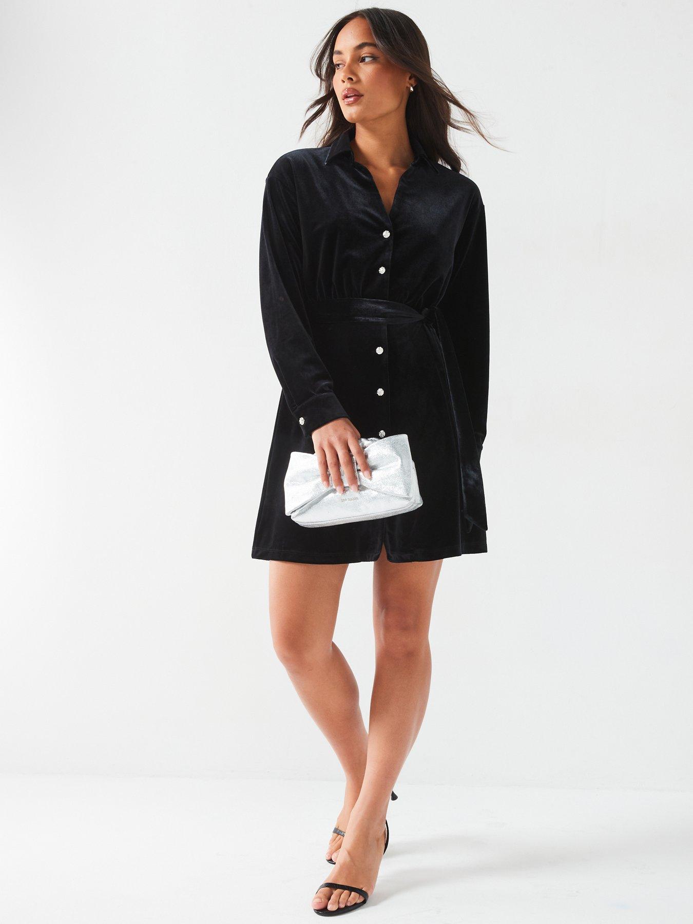 V by Very Velvet Belted Shirt Dress Black Very