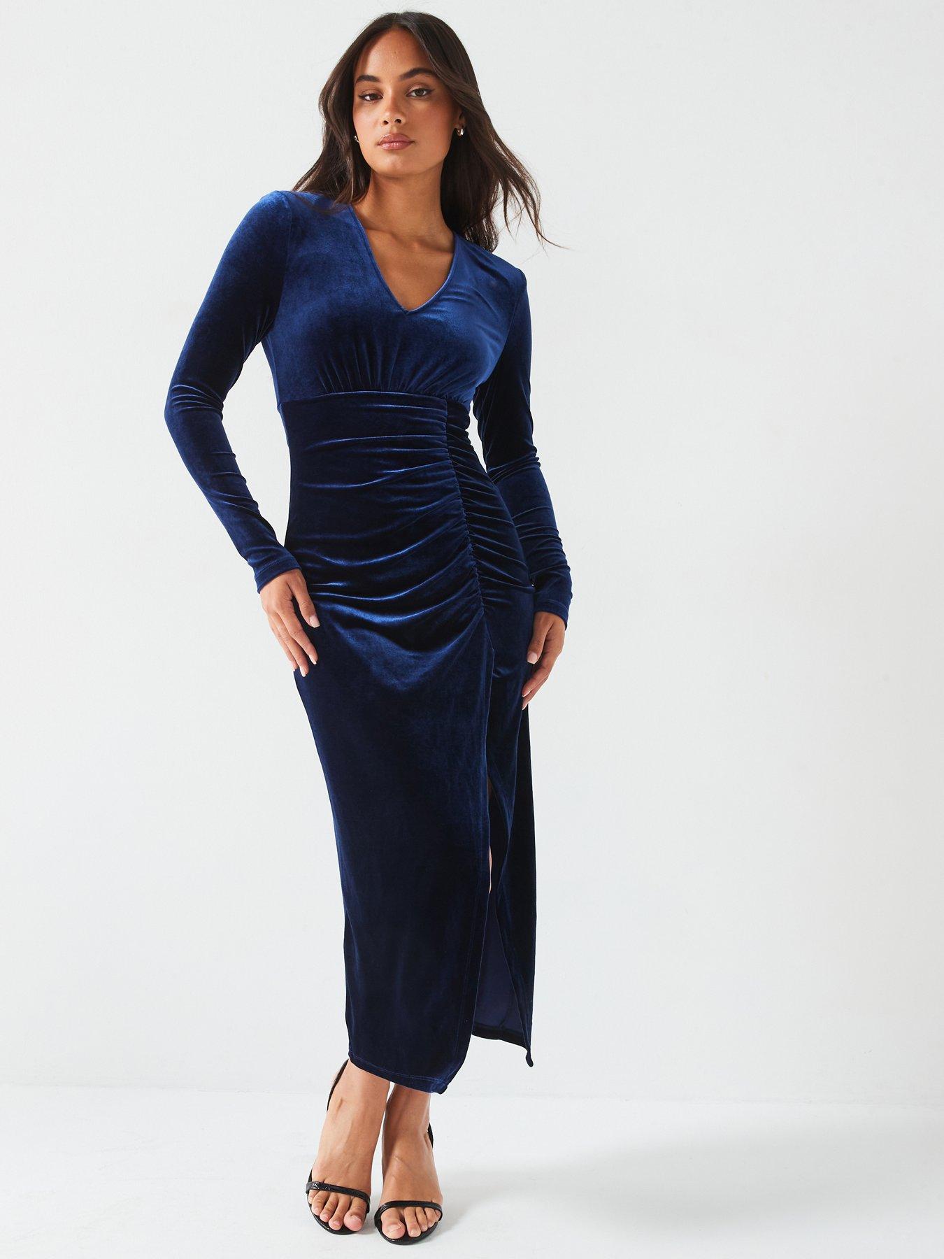 undefined Velvet Ruched Pencil Dress - Navy