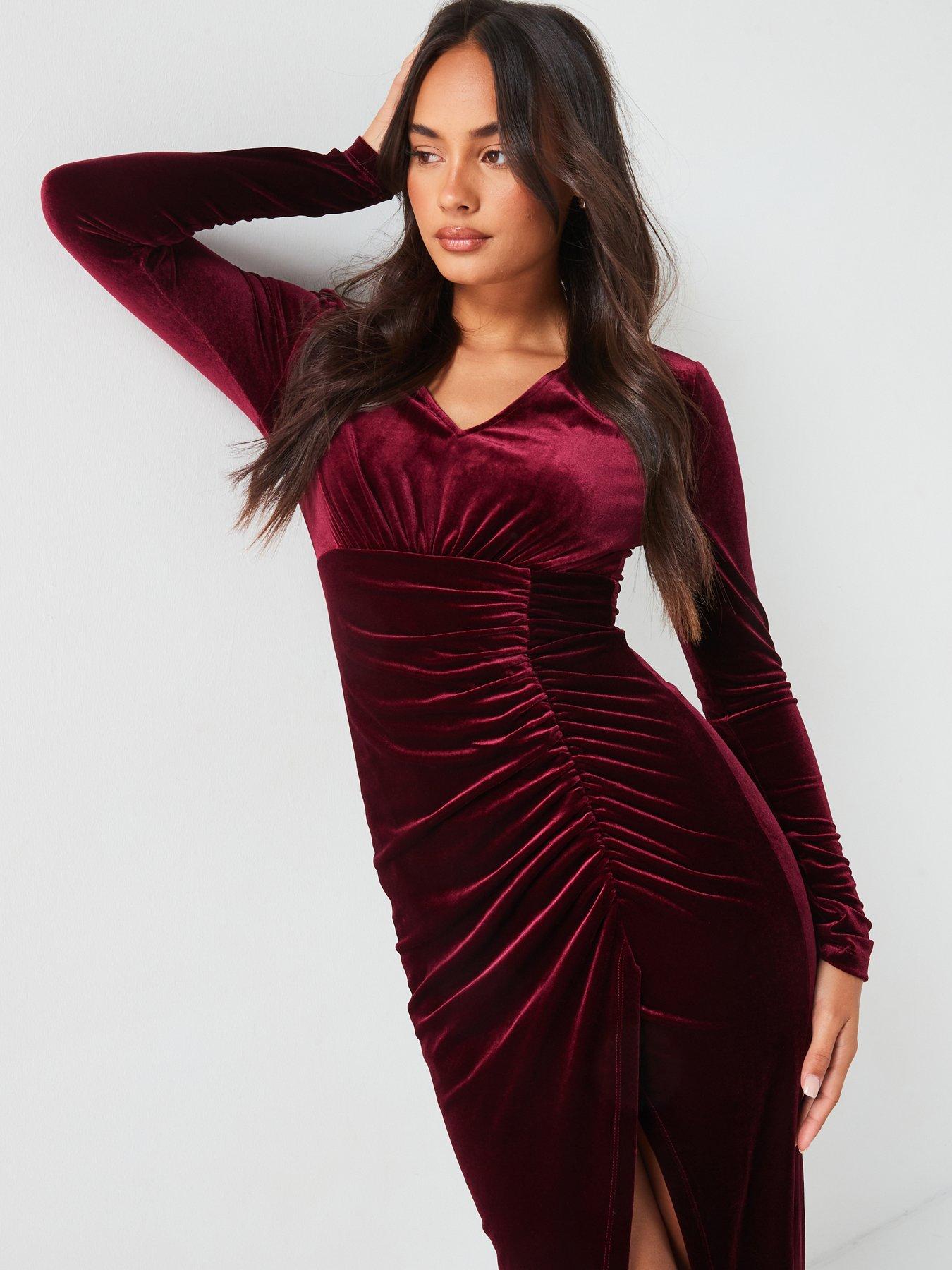 undefined Velvet Ruched Pencil Dress - Dark Red