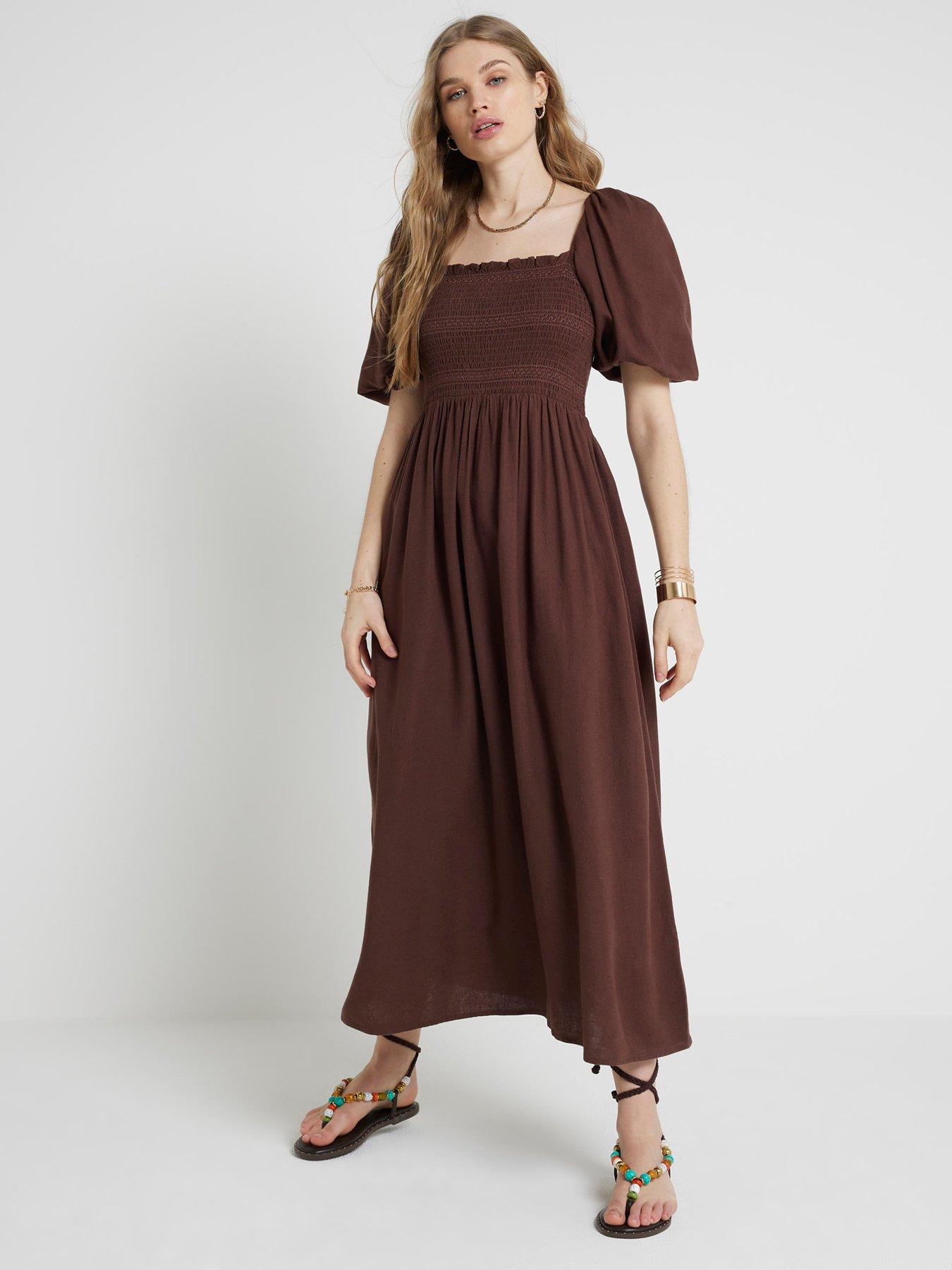 River Island Shirred Waist Midi Dress - Brown | Very