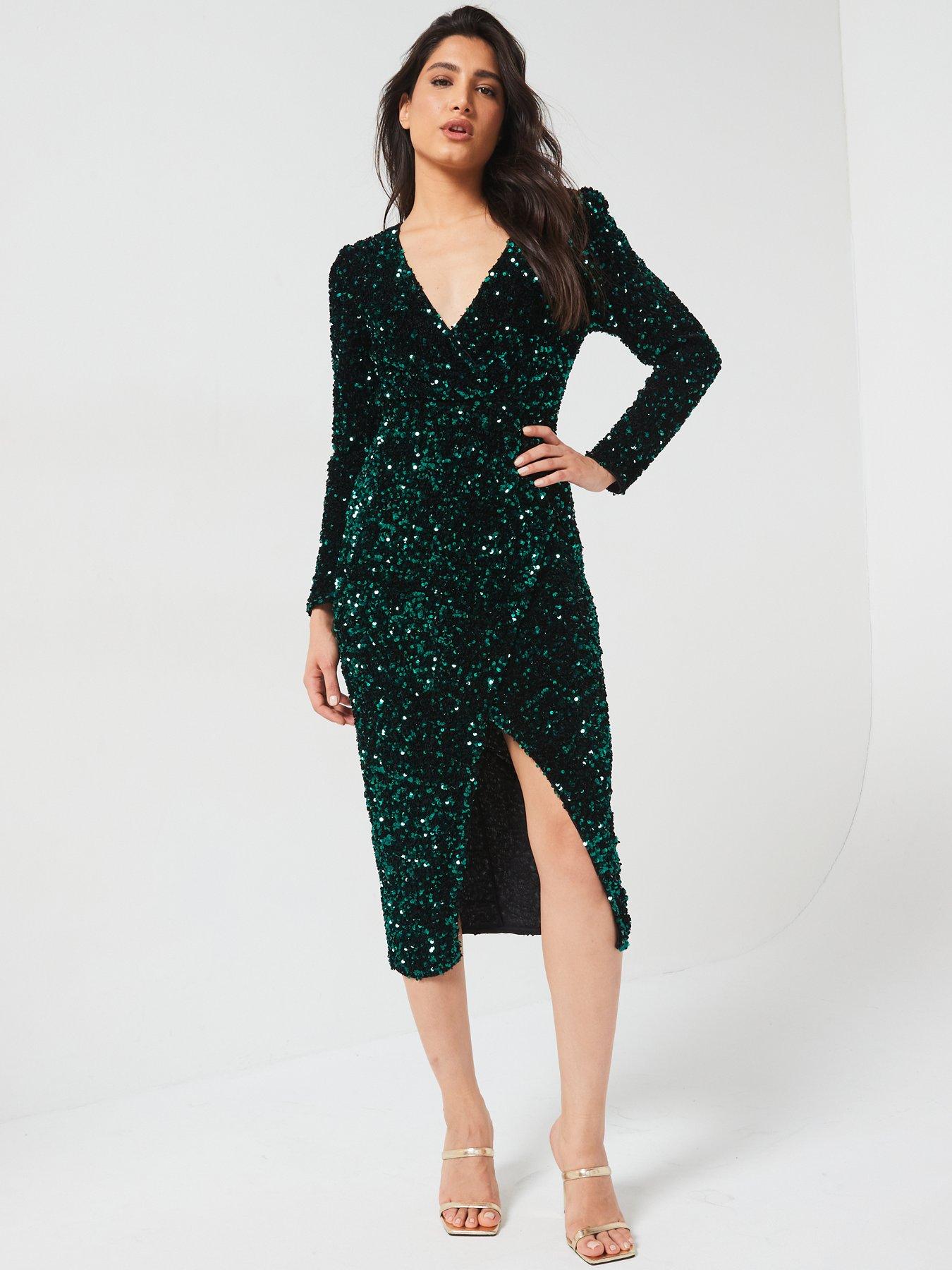 green sequin wrap dress V by Very Pencil - casual green long sleeve dress