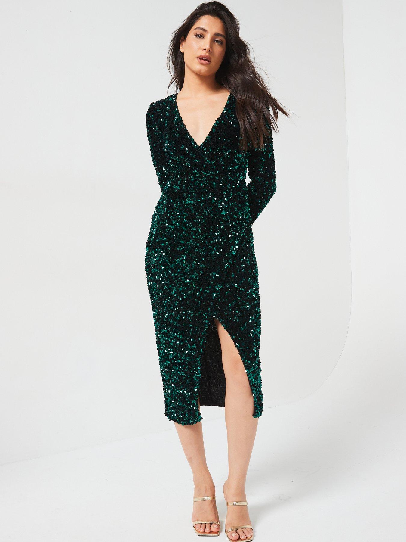 v by very sequin dress V by Very Sequin Wrap Pencil Dress - Green