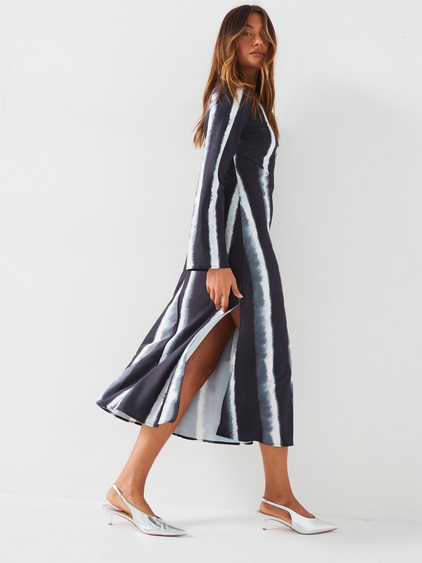 undefined Satin Bias Cut Midi Dress - White/Black