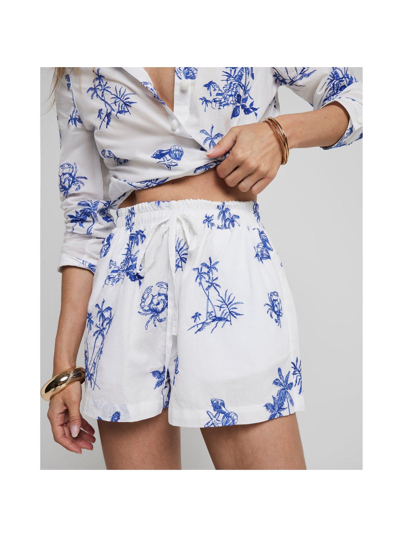 River Island Embroidered Tie Waist Beach Short Co-Ord - White | Very.co.uk