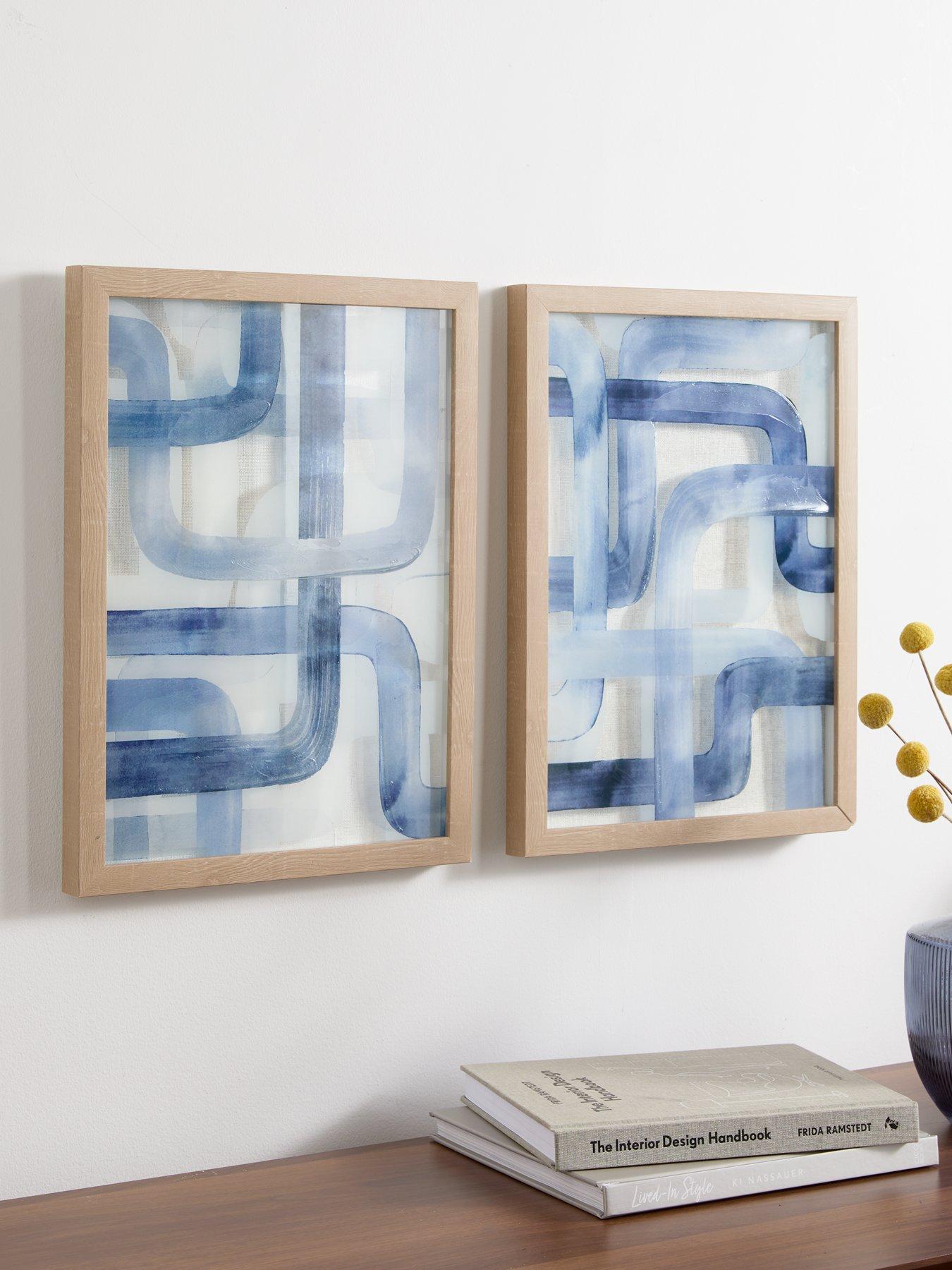 undefined Set of 2 Blue Line Glass Wall Art 40x30cm