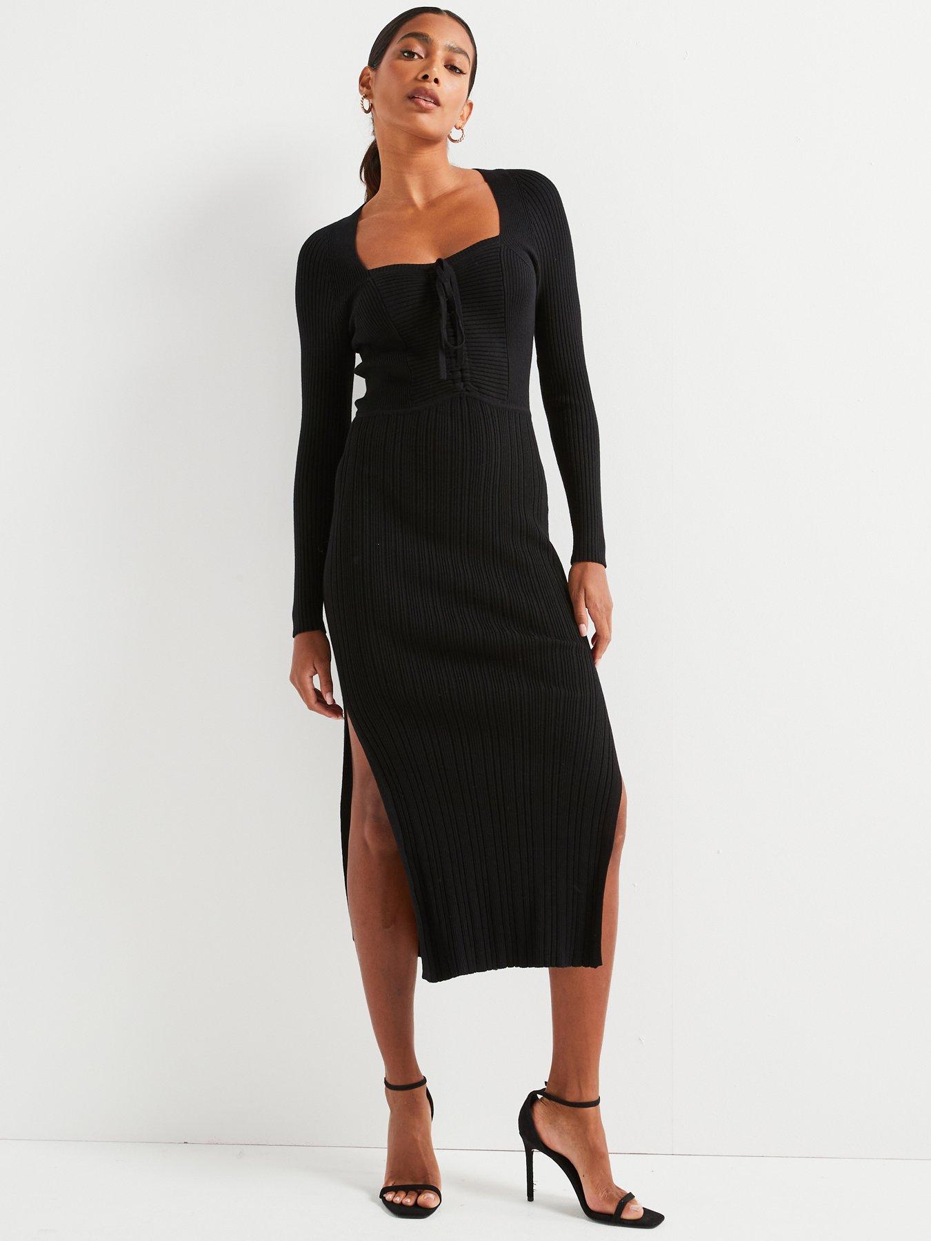 undefined Ruched Front Knitted Pencil Dress - Black